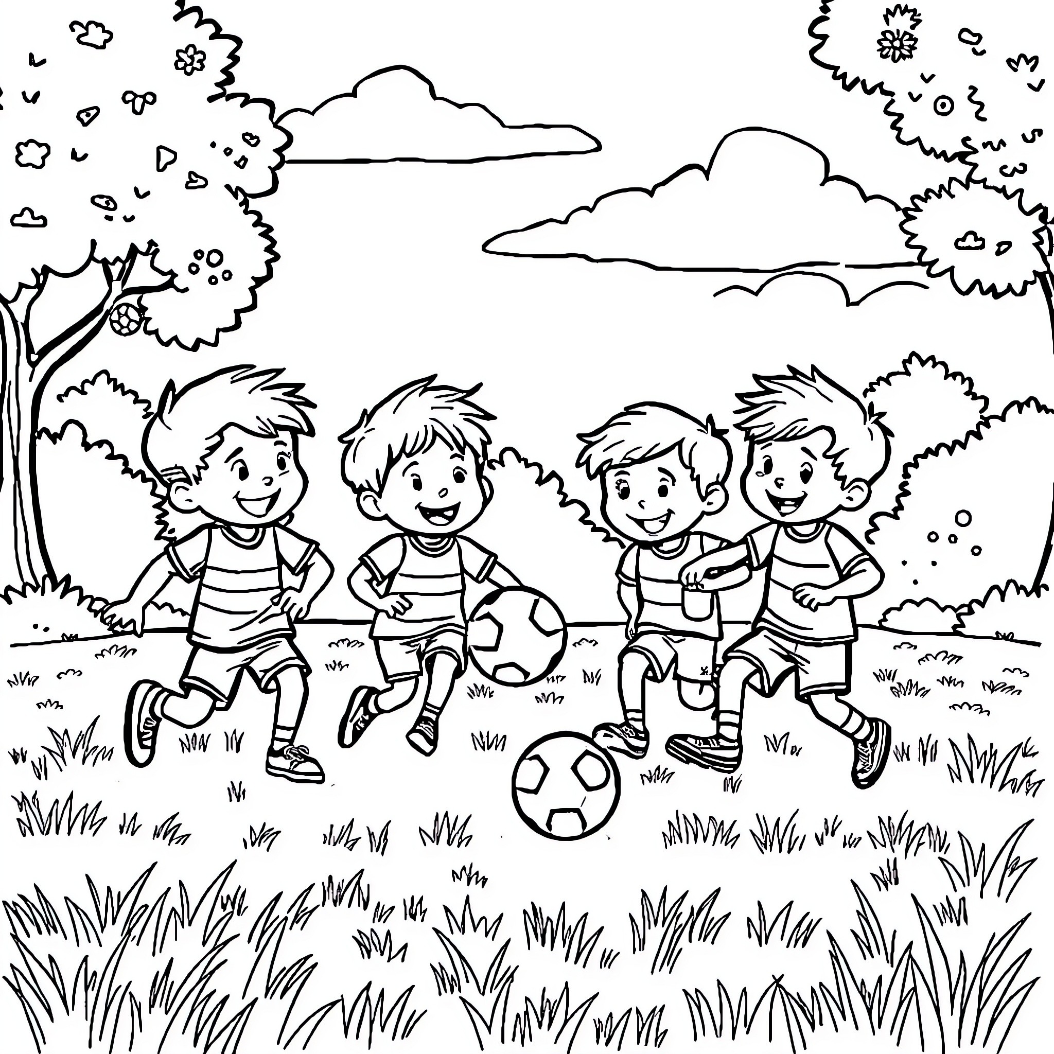 Kids playing soccer in the park Coloring Page (free black-and-white line drawing printable PDF for all, from beginners to advanced learners, including children, teens, adults, and seniors)