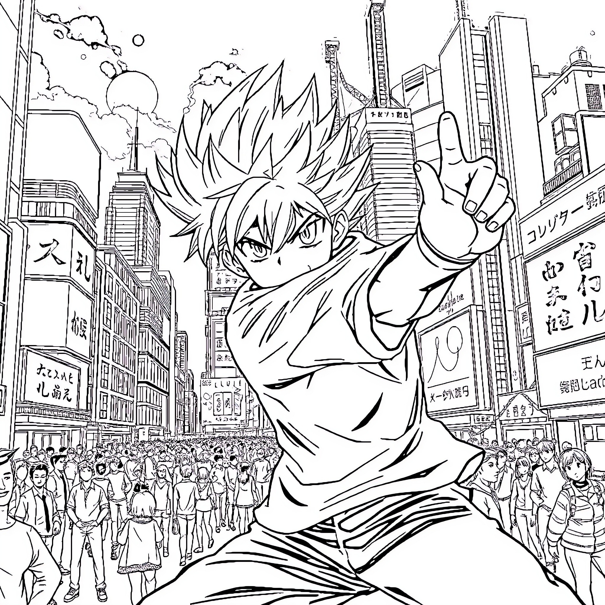 Anime Young Male Unleashing Powerful Energy in Bustling City Coloring Page (free black-and-white line drawing printable PDF for all, from beginners to advanced learners, including children, teens, adults, and seniors)