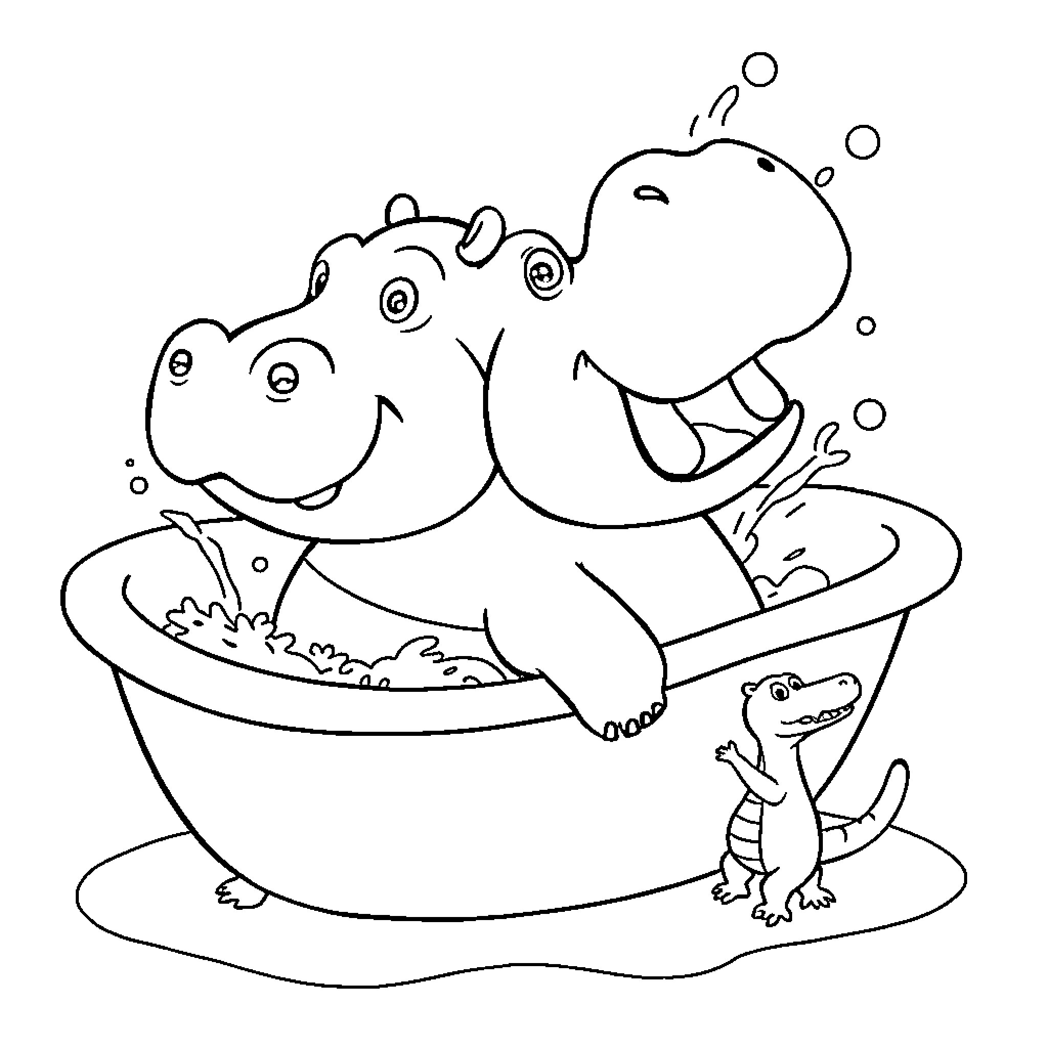 Hippos having a bubbly bath with a small lizard friend Coloring Page (free black-and-white line drawing printable PDF for all, from beginners to advanced learners, including children, teens, adults, and seniors)