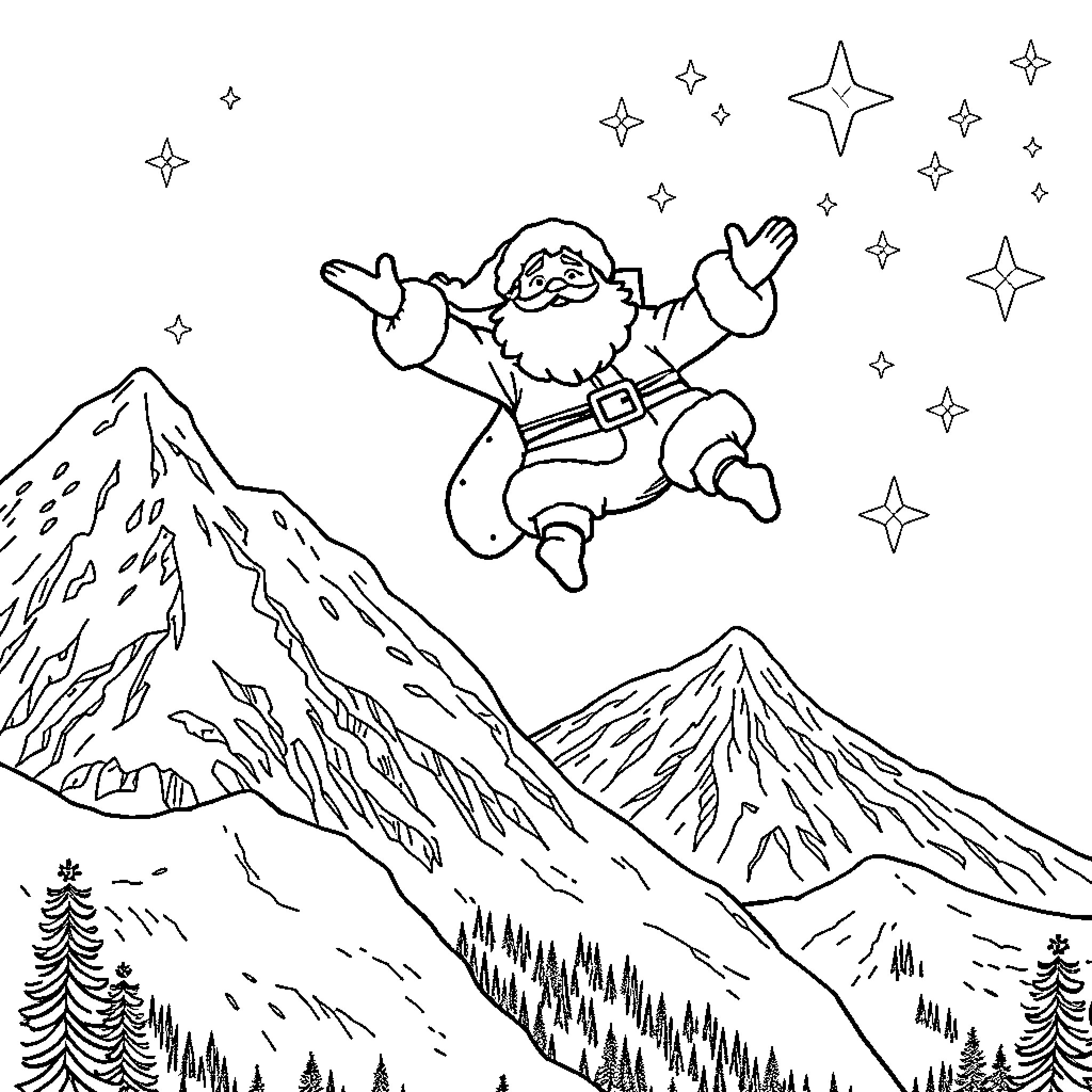 Santa's Joyous Flight Over the Snowy Mountains Coloring Page (free black-and-white line drawing printable PDF for all, from beginners to advanced learners, including children, teens, adults, and seniors)