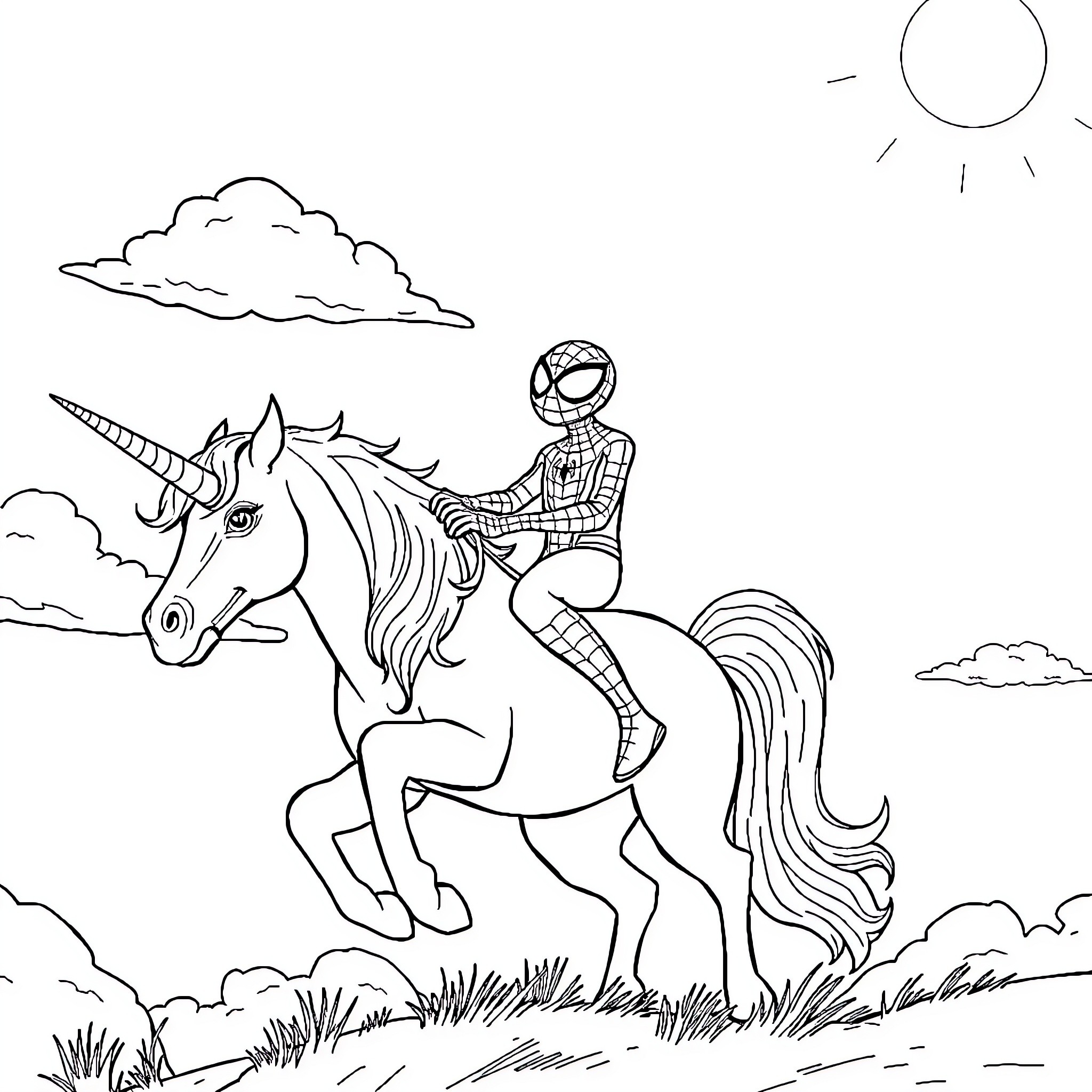 Spidey rides majestic unicorn in vibrant landscape Coloring Page (free black-and-white line drawing printable PDF for all, from beginners to advanced learners, including children, teens, adults, and seniors)