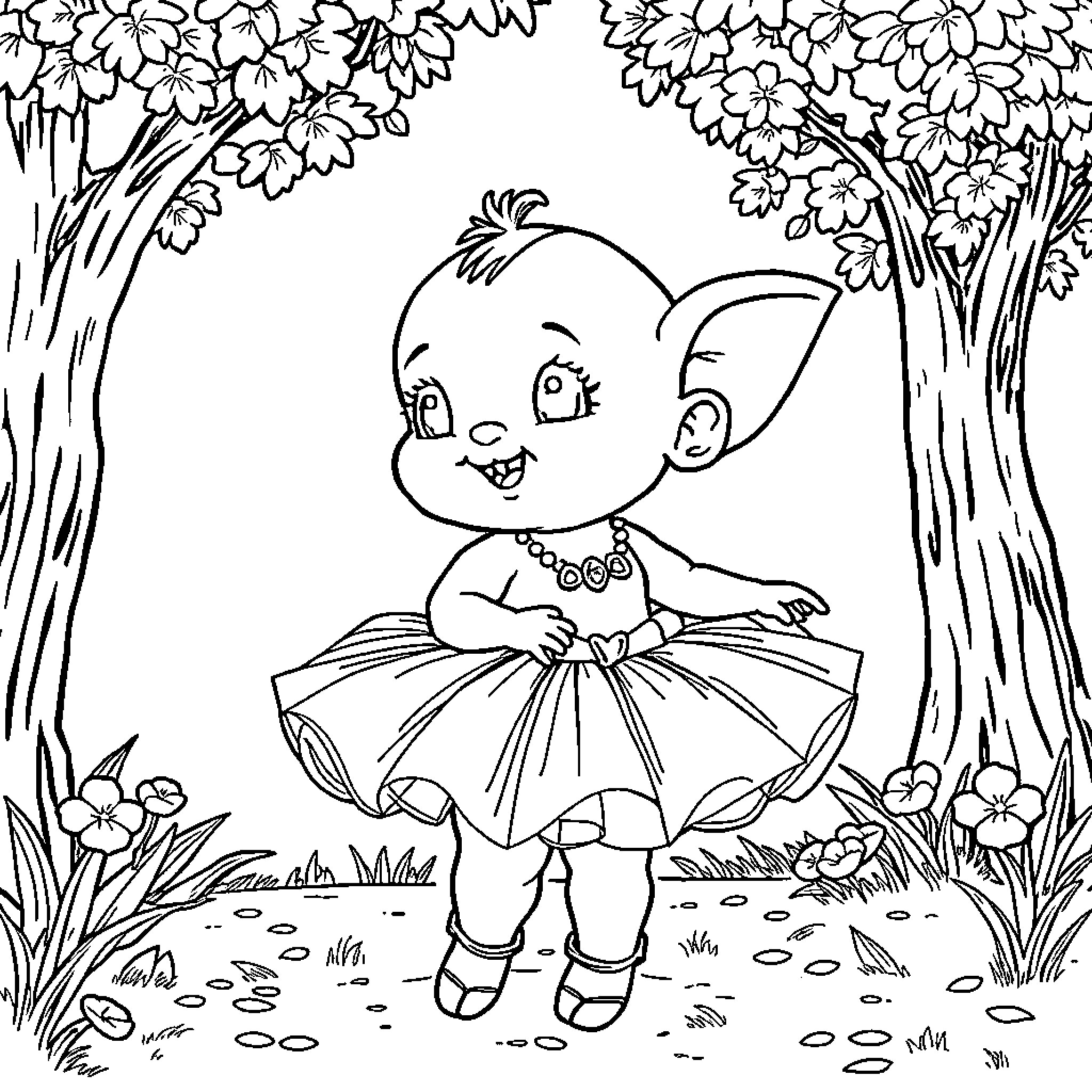 Pig fairy girl in forest surrounded by flowers Coloring Page (free black-and-white line drawing printable PDF for all, from beginners to advanced learners, including children, teens, adults, and seniors)