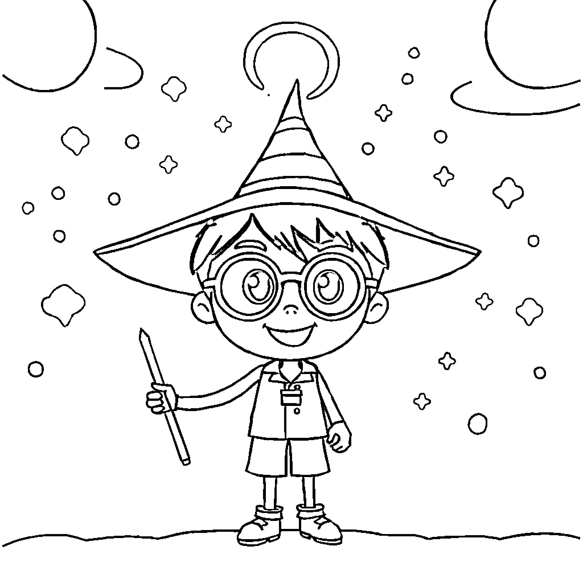 Career as a Cheerful Wizard in a Magical World Coloring Page (free black-and-white line drawing printable PDF for all, from beginners to advanced learners, including children, teens, adults, and seniors)