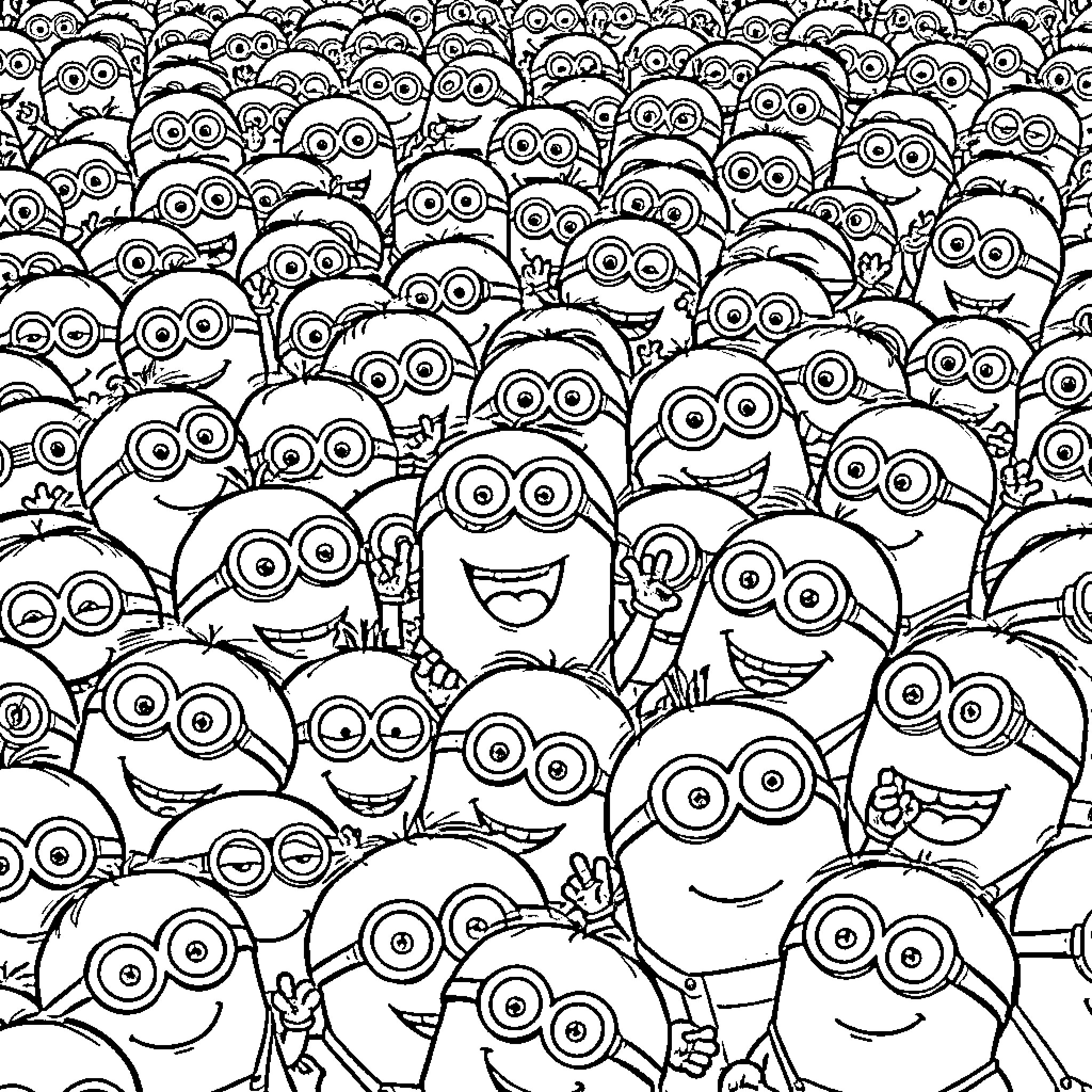 Minions in a Crowd: A Celebration of Silliness Coloring Page (free black-and-white line drawing printable PDF for all, from beginners to advanced learners, including children, teens, adults, and seniors)