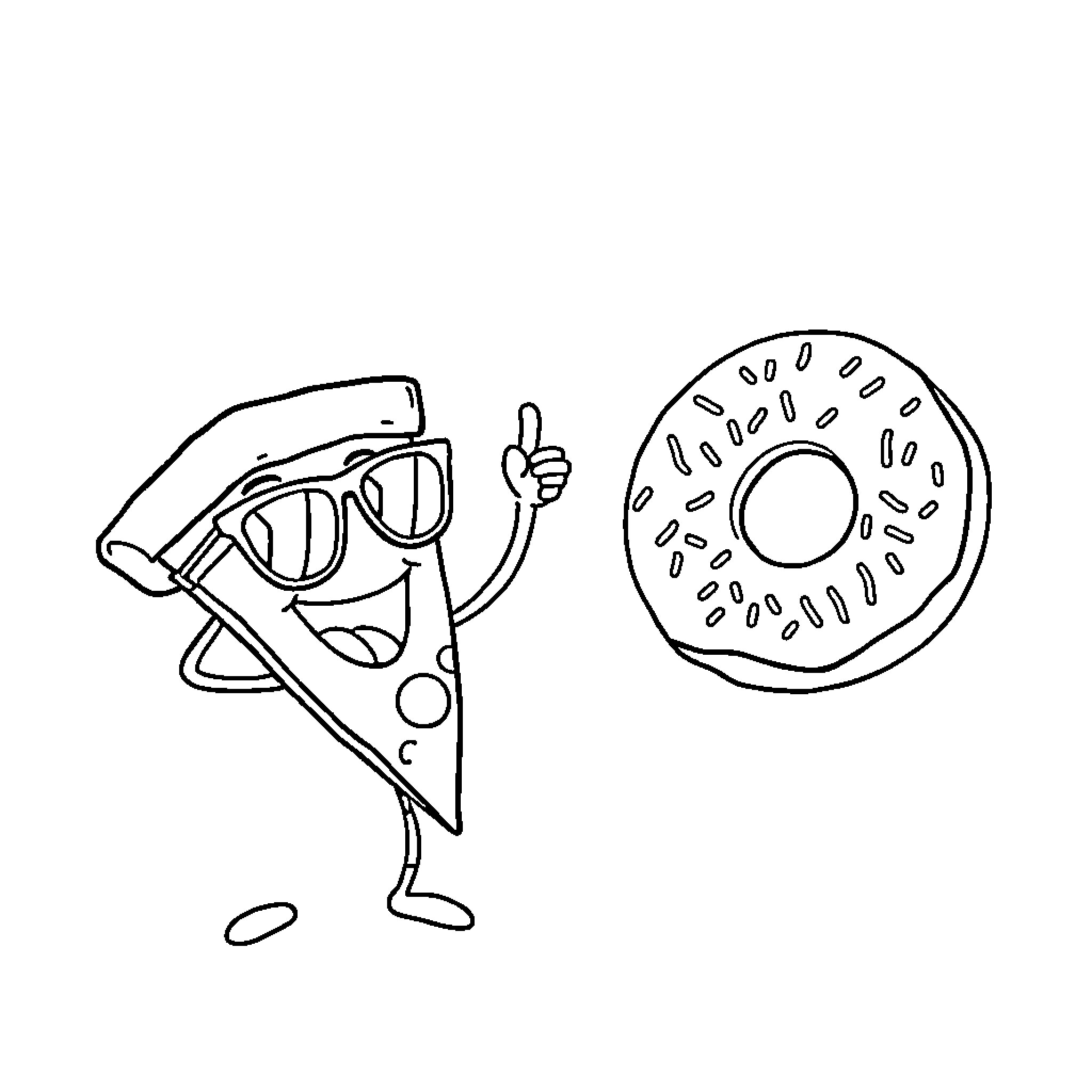 Pizza character giving a thumbs up to a donut Coloring Page (free black-and-white line drawing printable PDF for all, from beginners to advanced learners, including children, teens, adults, and seniors)