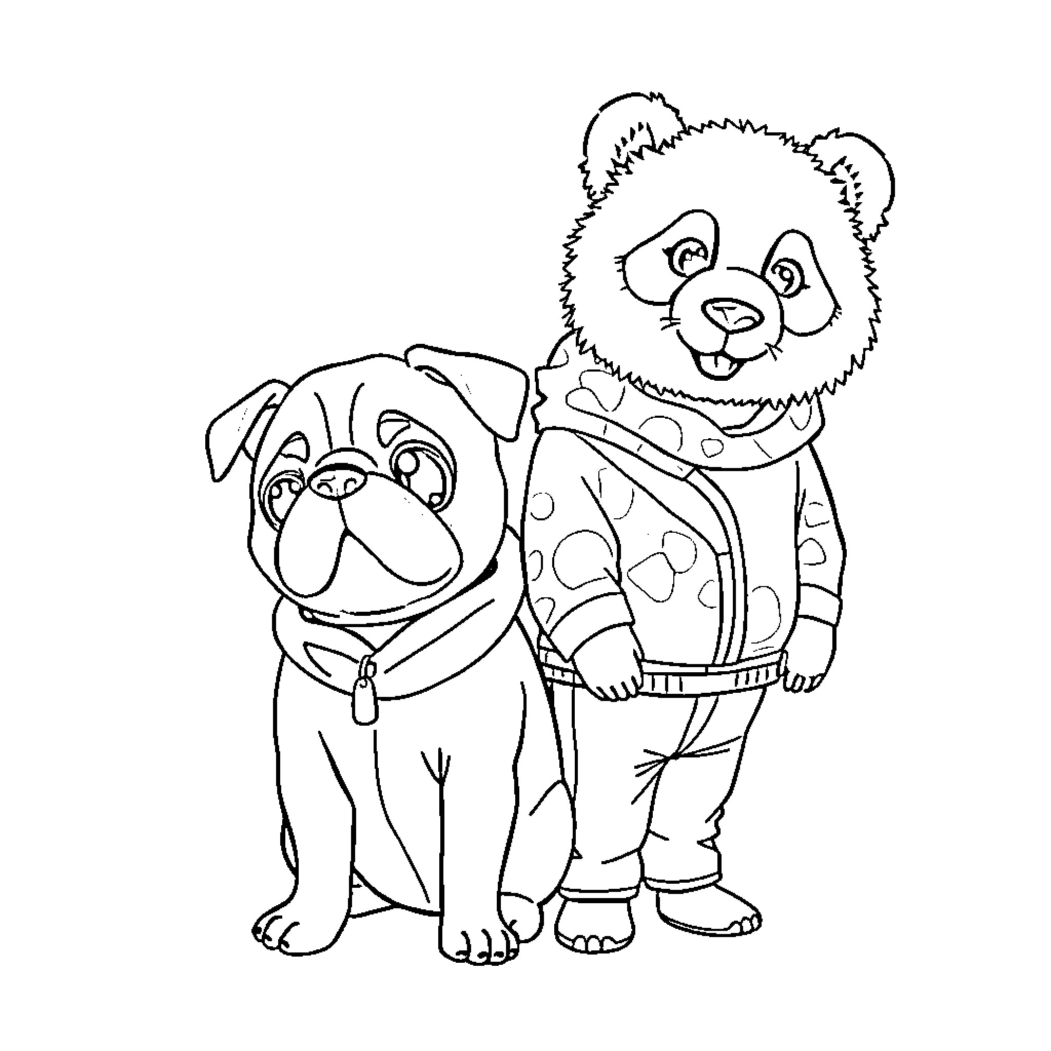 Pug and Panda Dressed in Costumes Coloring Page (free black-and-white line drawing printable PDF for all, from beginners to advanced learners, including children, teens, adults, and seniors)