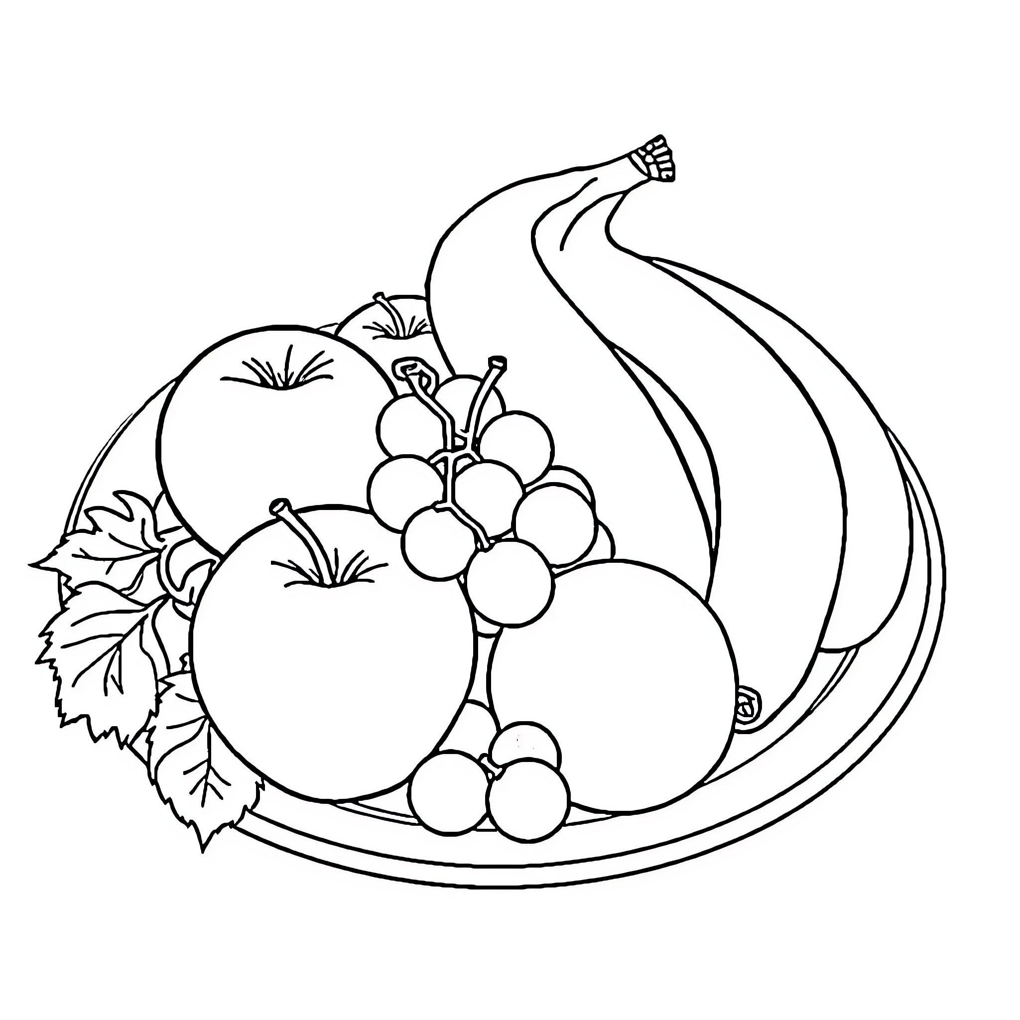 Fruit assortment in a basket Coloring Page (free black-and-white line drawing printable PDF for all, from beginners to advanced learners, including children, teens, adults, and seniors)