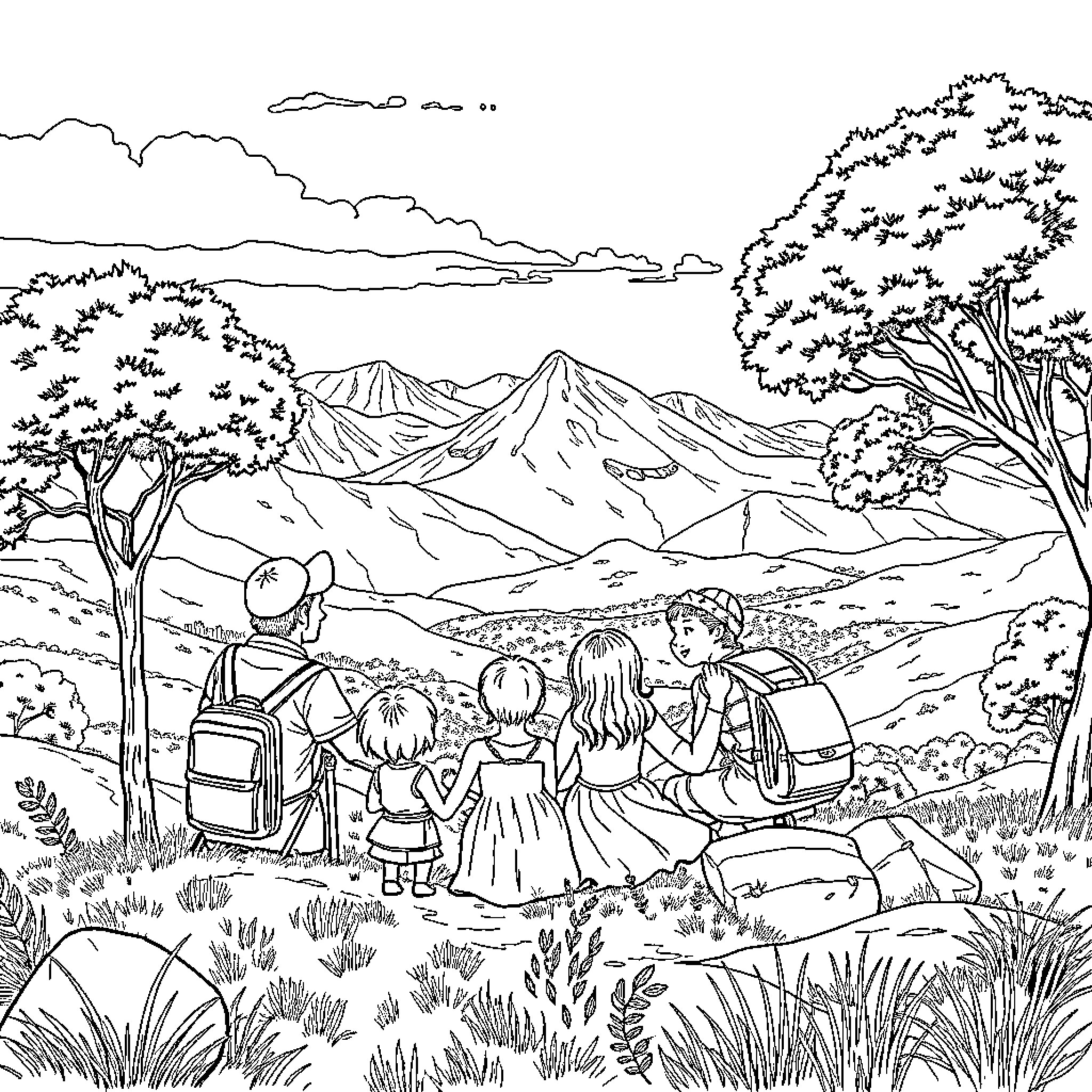 Royal Family on a Scenic Hiking Adventure Coloring Page (free black-and-white line drawing printable PDF for all, from beginners to advanced learners, including children, teens, adults, and seniors)