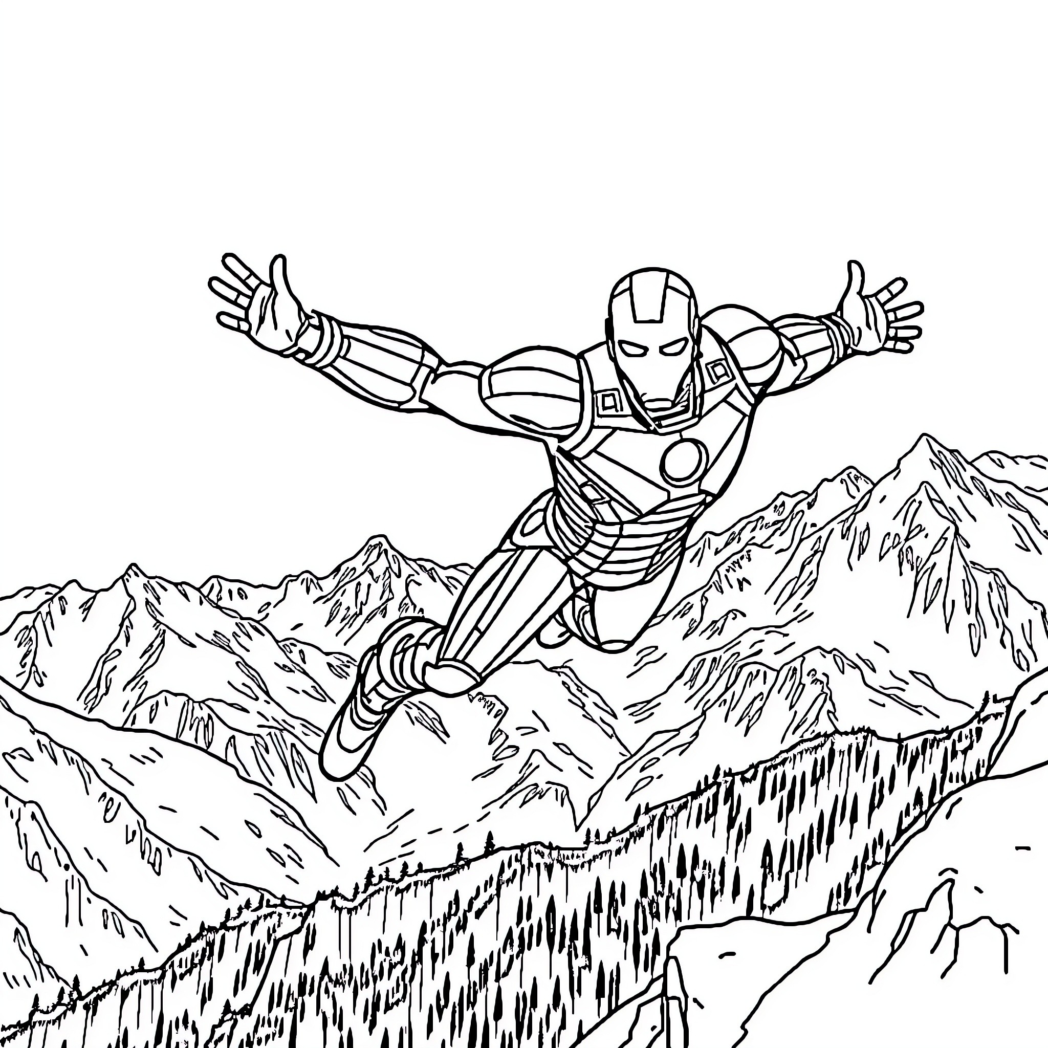 Ironman Soaring Through the Mountainous Landscape Coloring Page (free black-and-white line drawing printable PDF for all, from beginners to advanced learners, including children, teens, adults, and seniors)
