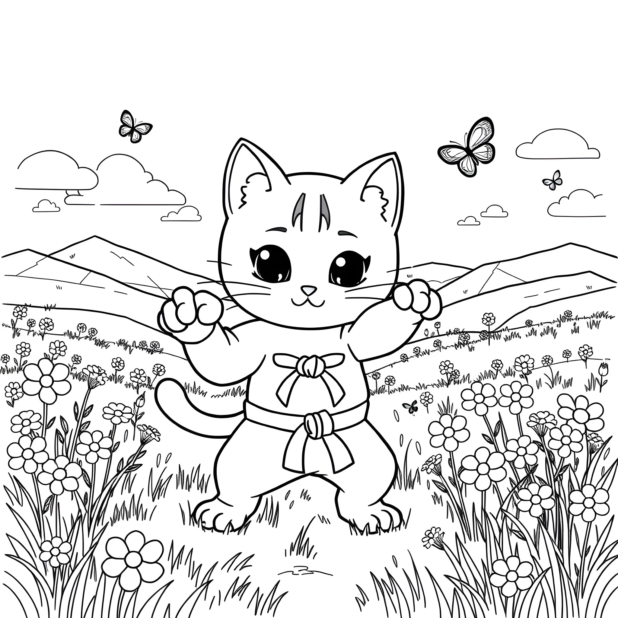 Kitty playing joyfully in a flowery meadow Coloring Page (free black-and-white line drawing printable PDF for all, from beginners to advanced learners, including children, teens, adults, and seniors)