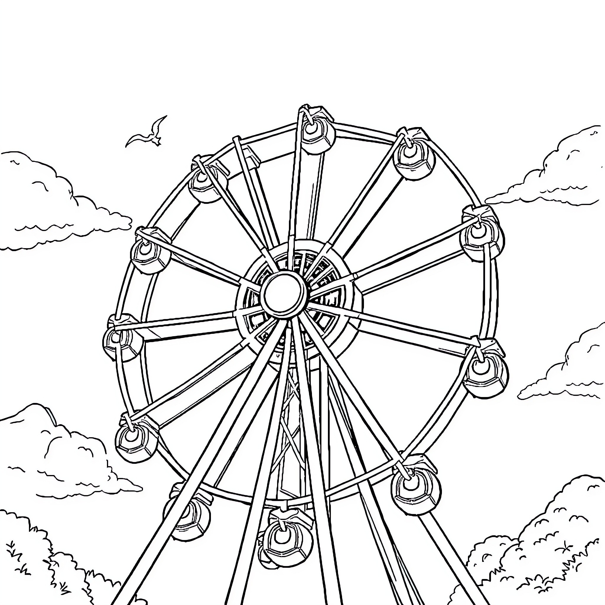 Ferris Wheel with Clouds and Sky Coloring Page (free black-and-white line drawing printable PDF for all, from beginners to advanced learners, including children, teens, adults, and seniors)