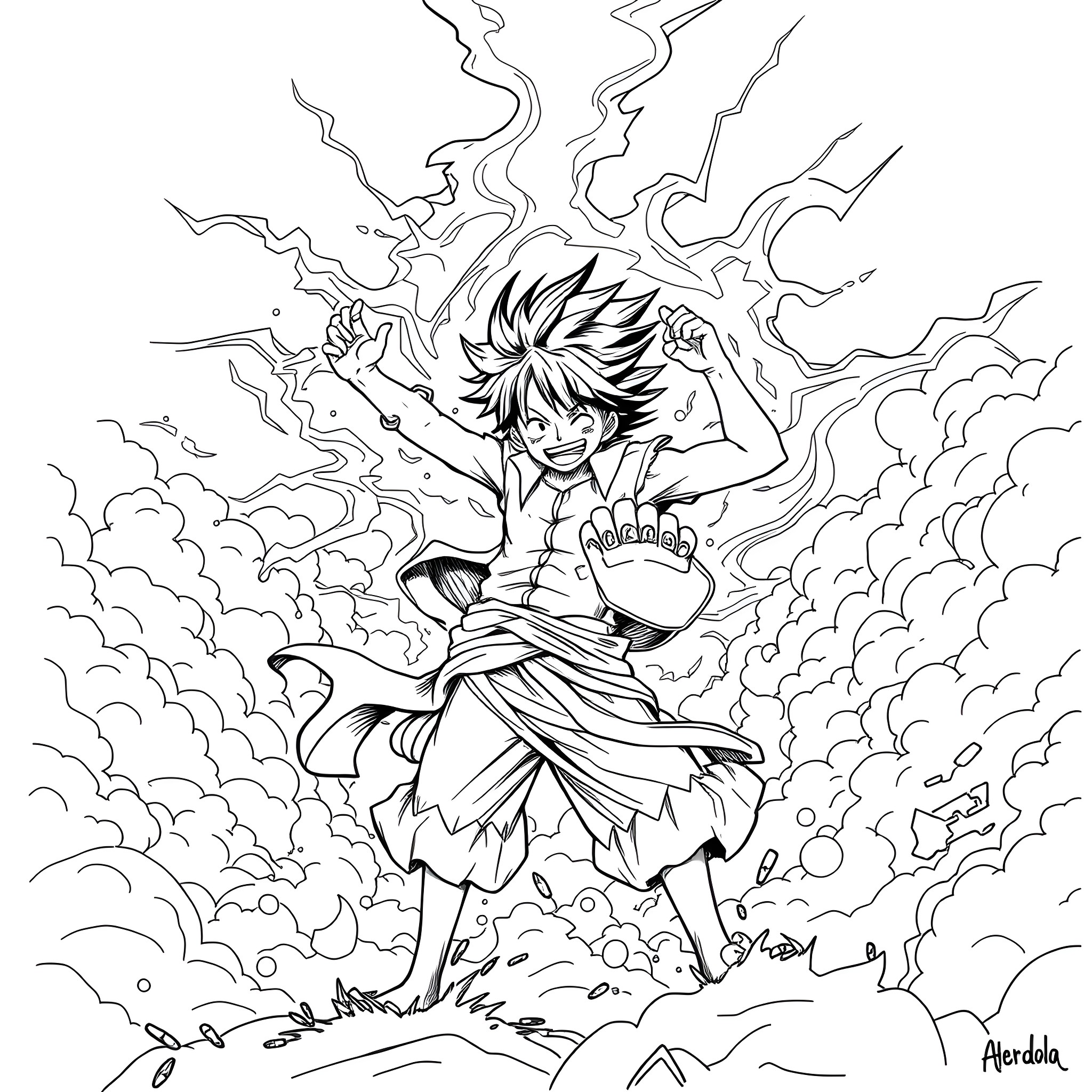 Luffy's Dynamic Fury in the Storm Coloring Page (free black-and-white line drawing printable PDF for all, from beginners to advanced learners, including children, teens, adults, and seniors)