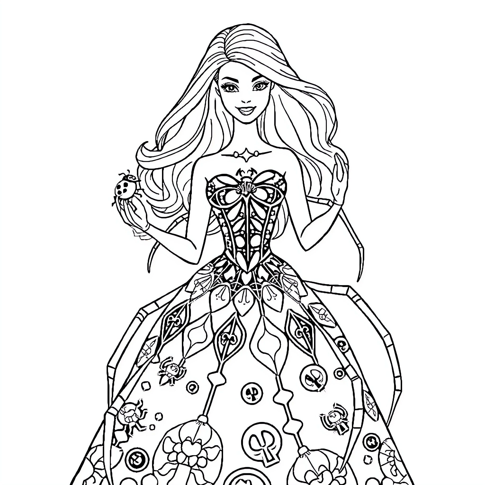 Barbie in a Whimsical Floral Gown Coloring Page (free black-and-white line drawing printable PDF for all, from beginners to advanced learners, including children, teens, adults, and seniors)