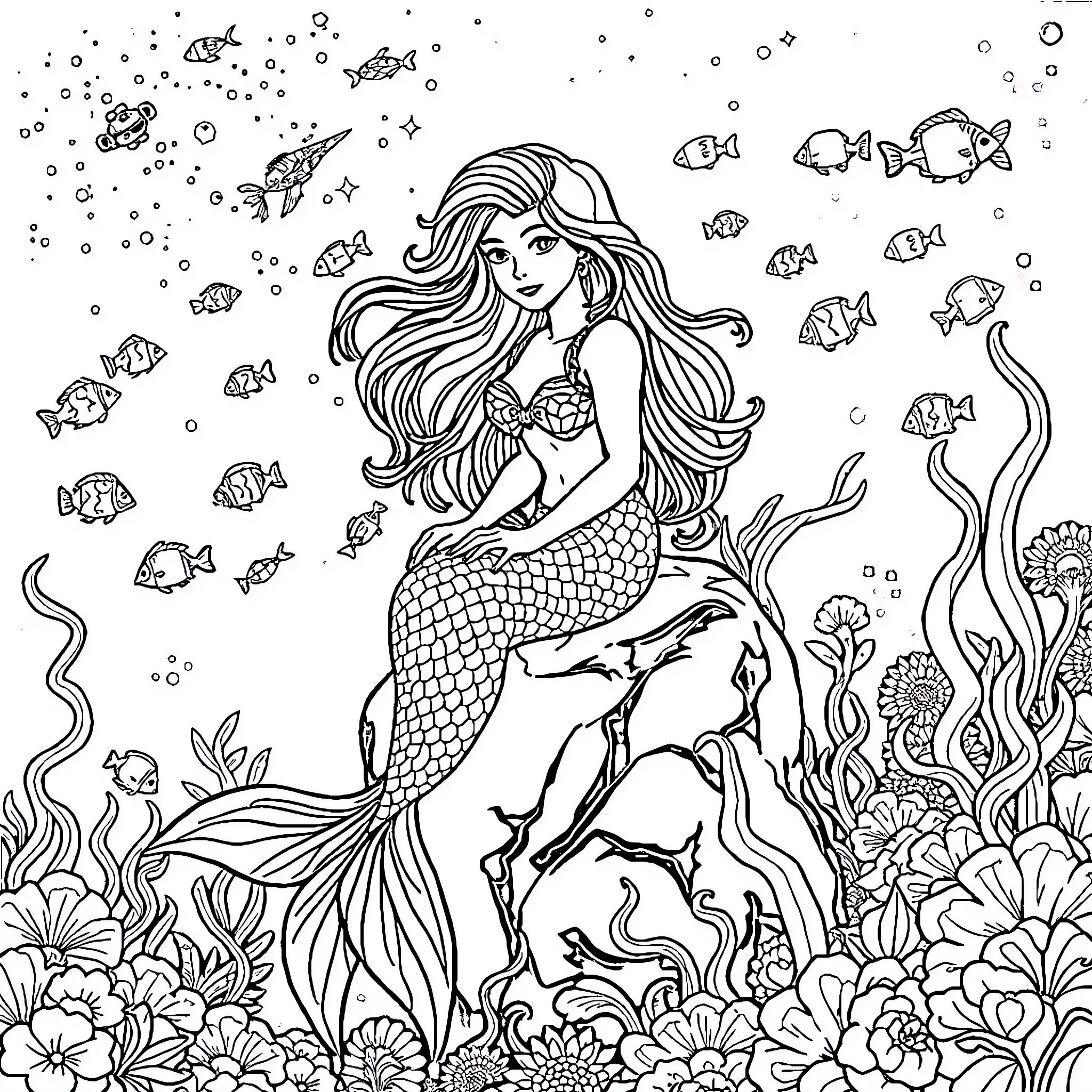 Mermaid swimming gracefully in the underwater paradise Coloring Page (free black-and-white line drawing printable PDF for all, from beginners to advanced learners, including children, teens, adults, and seniors)