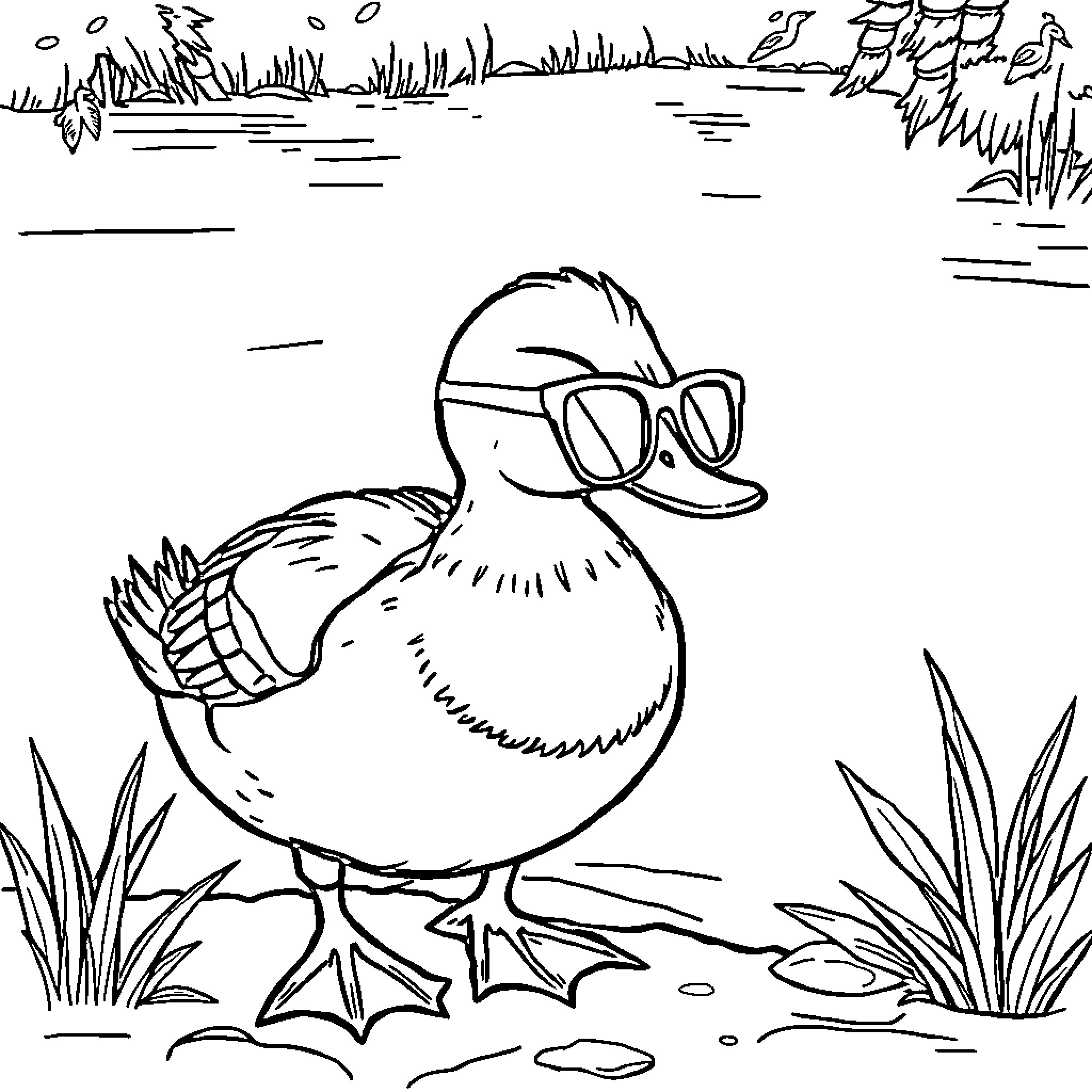 Duck wearing glasses in nature Coloring Page (free black-and-white line drawing printable PDF for all, from beginners to advanced learners, including children, teens, adults, and seniors)