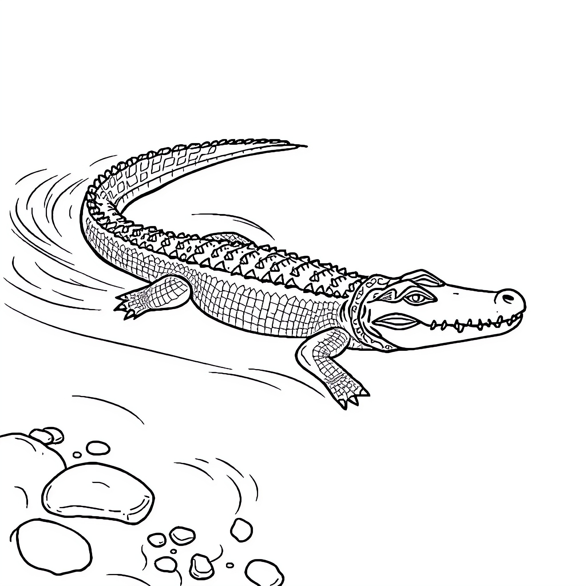 Crocodile swiftly swimming in the water Coloring Page (free black-and-white line drawing printable PDF for all, from beginners to advanced learners, including children, teens, adults, and seniors)