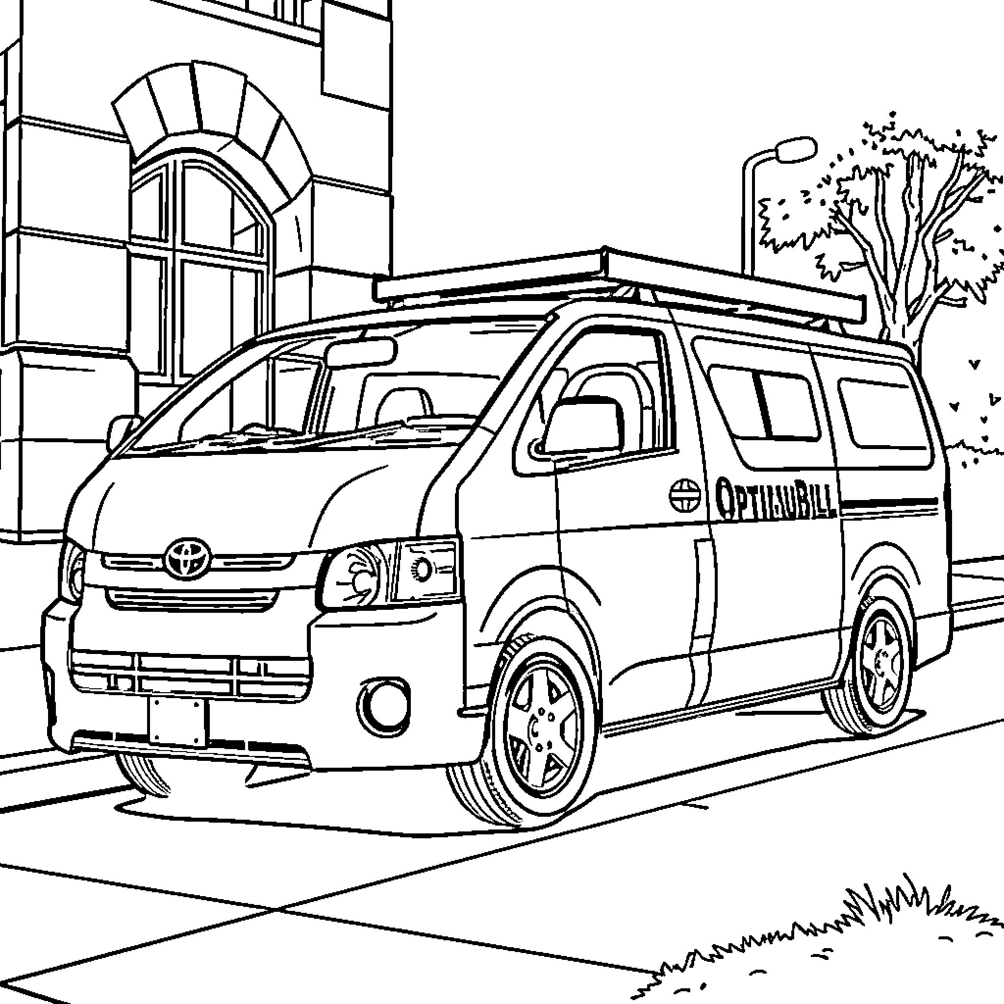 Toyota Hiace parked on city street Coloring Page (free black-and-white line drawing printable PDF for all, from beginners to advanced learners, including children, teens, adults, and seniors)