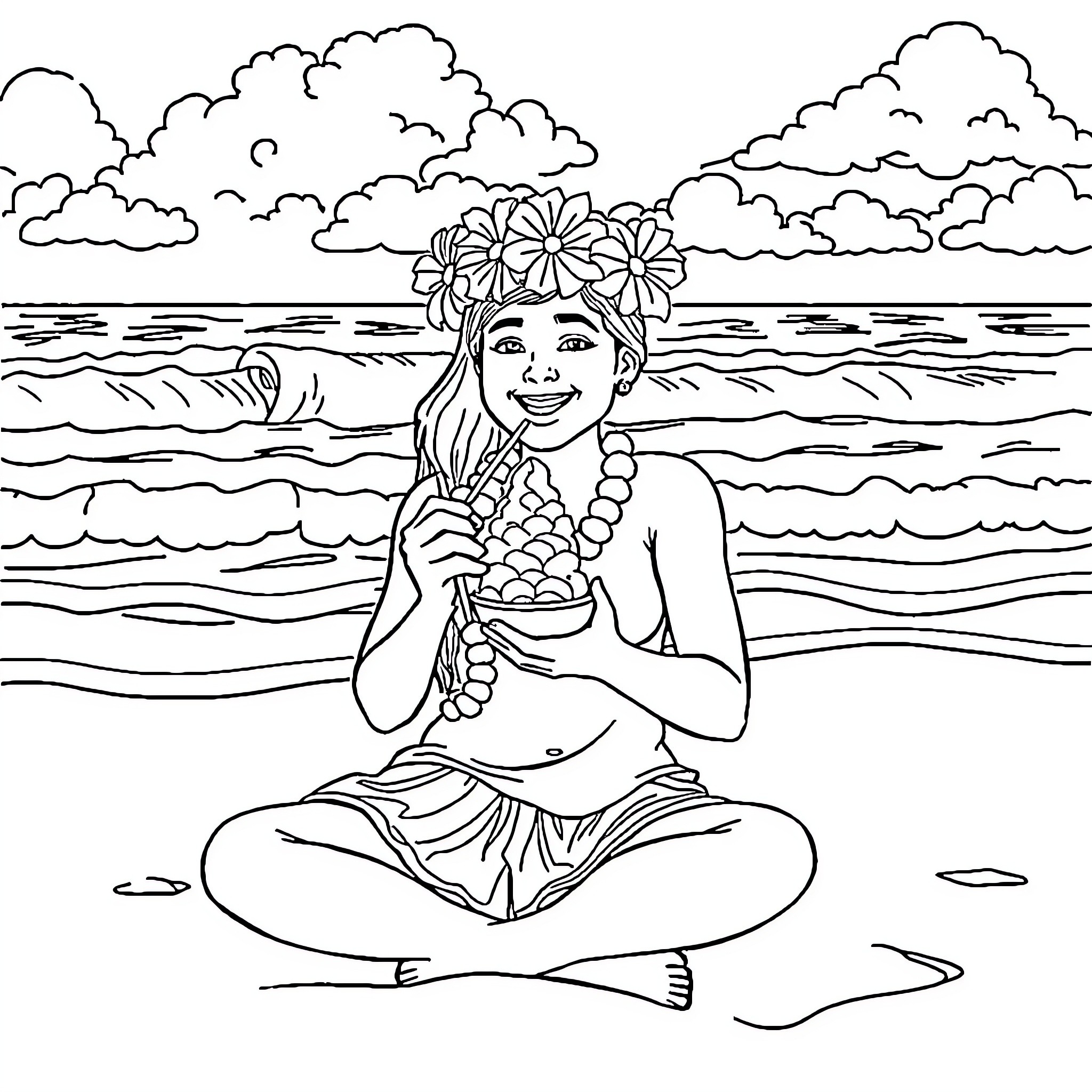 Hawaiian woman enjoying beach scenery Coloring Page (free black-and-white line drawing printable PDF for all, from beginners to advanced learners, including children, teens, adults, and seniors)