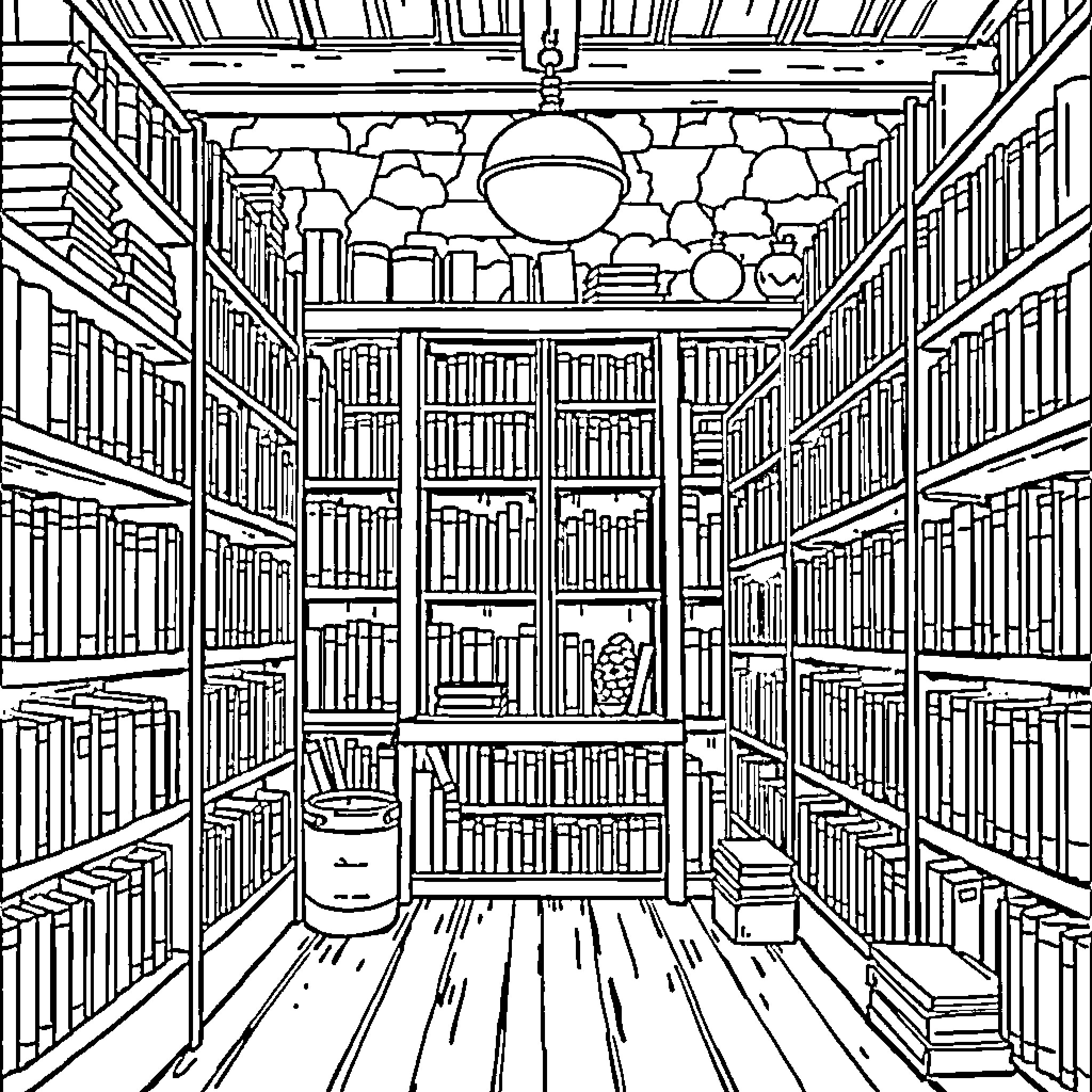Library of Books and Shelves Coloring Page (free black-and-white line drawing printable PDF for all, from beginners to advanced learners, including children, teens, adults, and seniors)