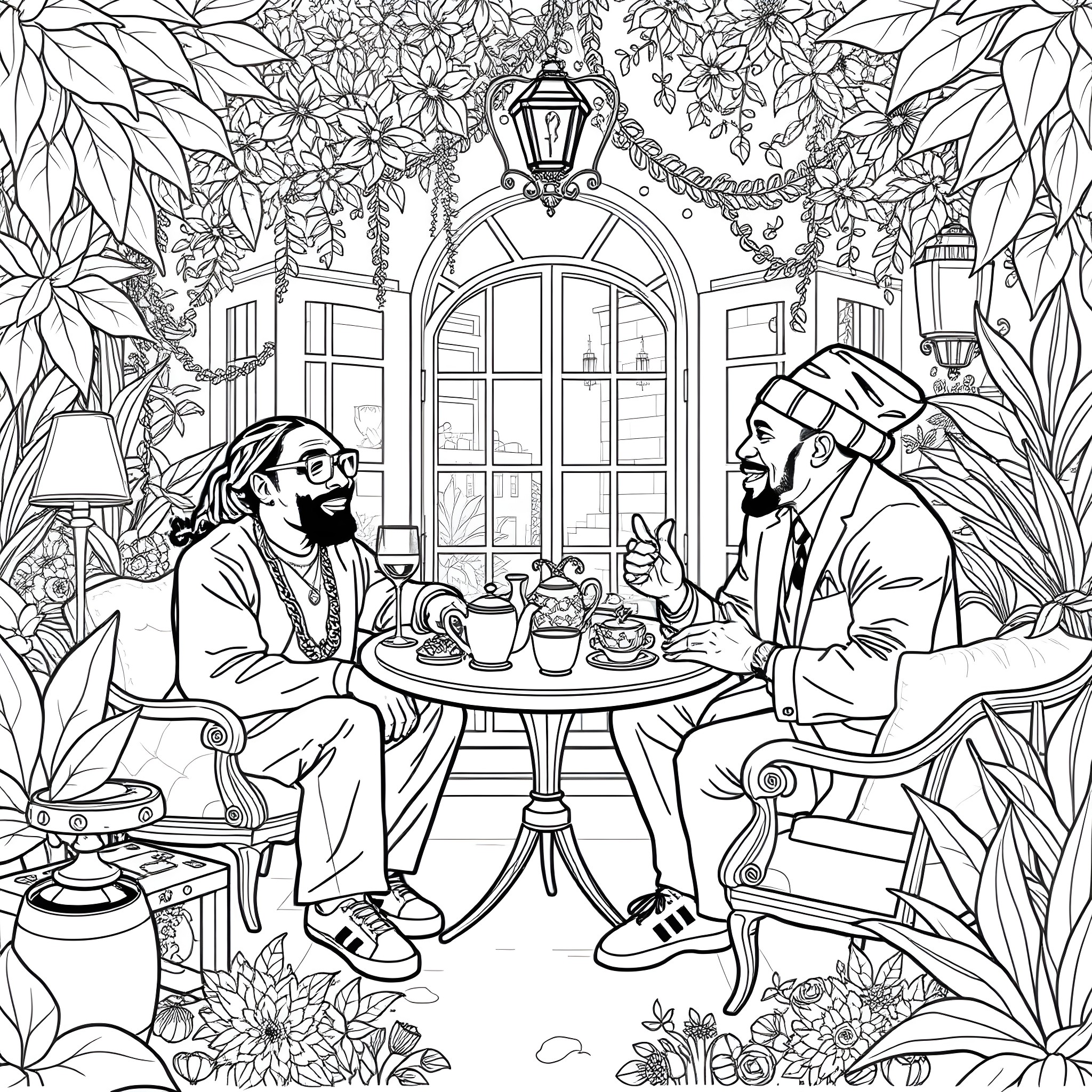 Snoop Dogg enjoying a friendly chat with companions Coloring Page (free black-and-white line drawing printable PDF for all, from beginners to advanced learners, including children, teens, adults, and seniors)
