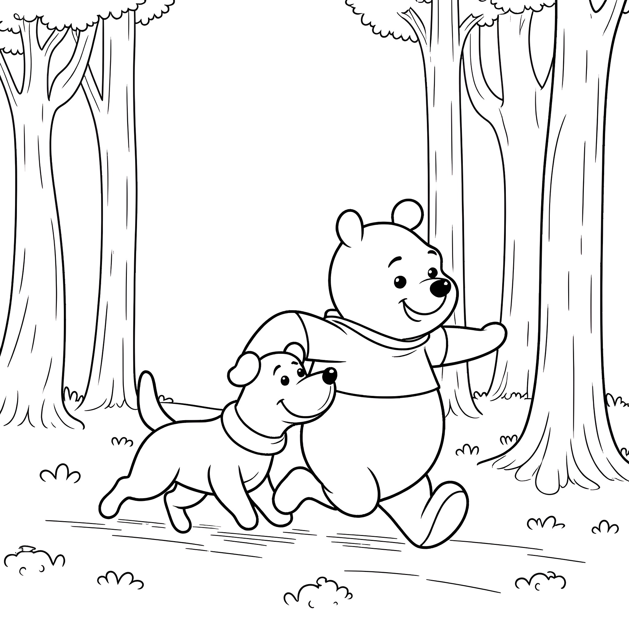 Dog playing with friend in the forest Coloring Page (free black-and-white line drawing printable PDF for all, from beginners to advanced learners, including children, teens, adults, and seniors)