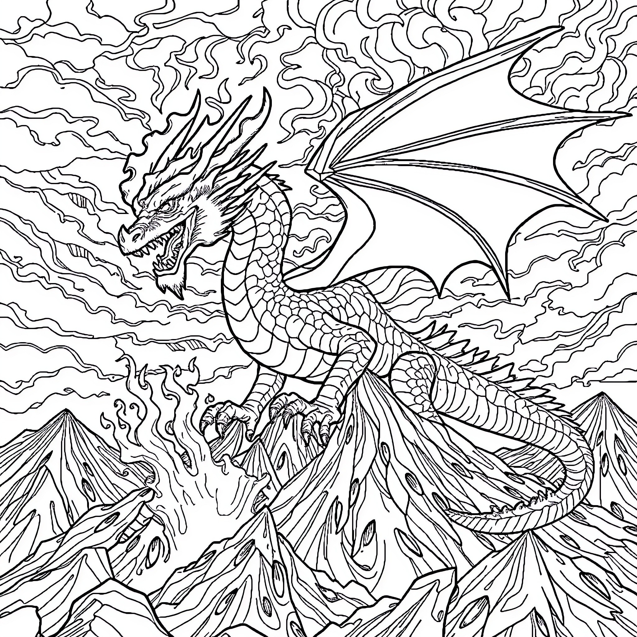 Dragon Soaring Amidst Stormy Clouds and Mountainous Terrain Coloring Page (free black-and-white line drawing printable PDF for all, from beginners to advanced learners, including children, teens, adults, and seniors)