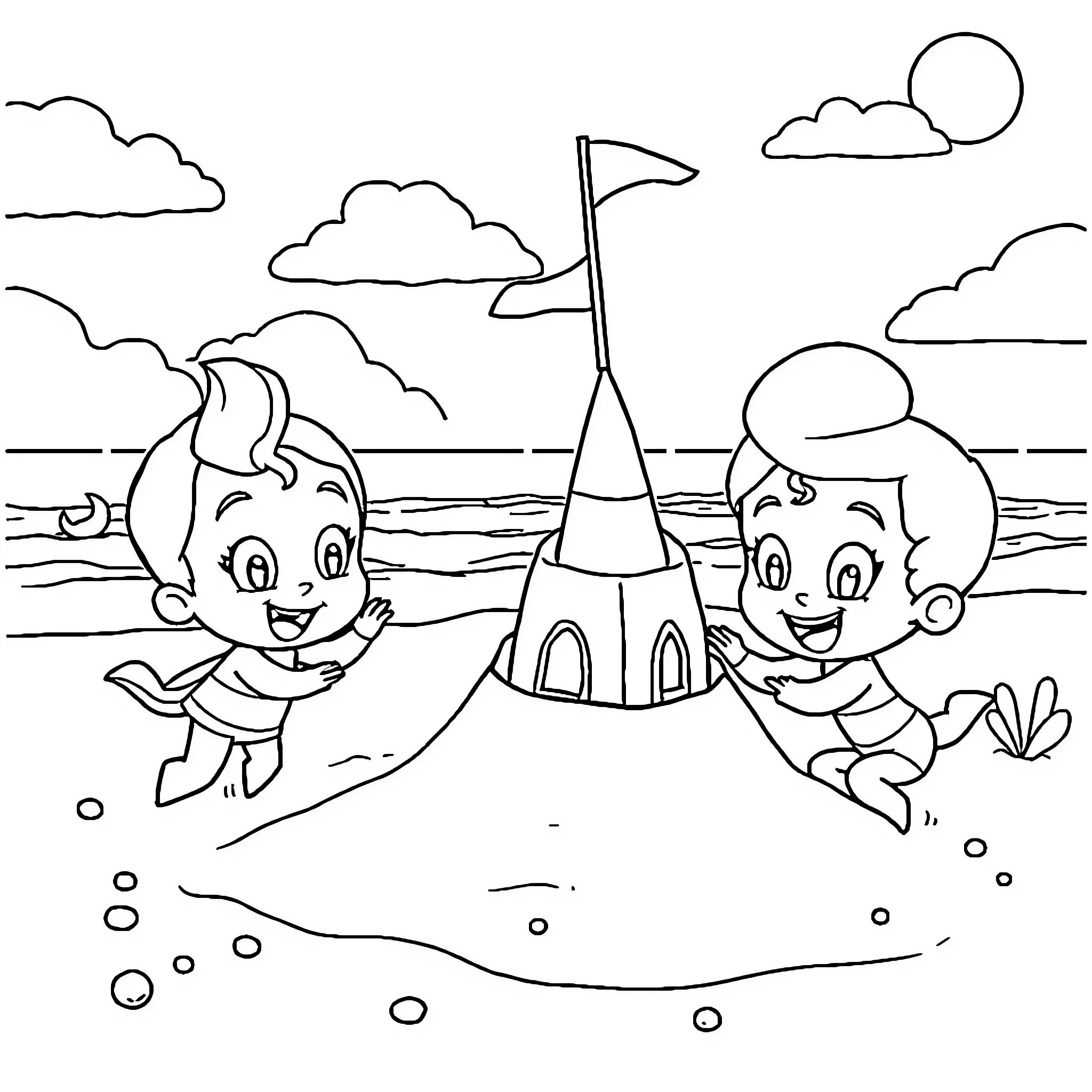 Bubble Guppies building a sandcastle on the beach Coloring Page (free black-and-white line drawing printable PDF for all, from beginners to advanced learners, including children, teens, adults, and seniors)