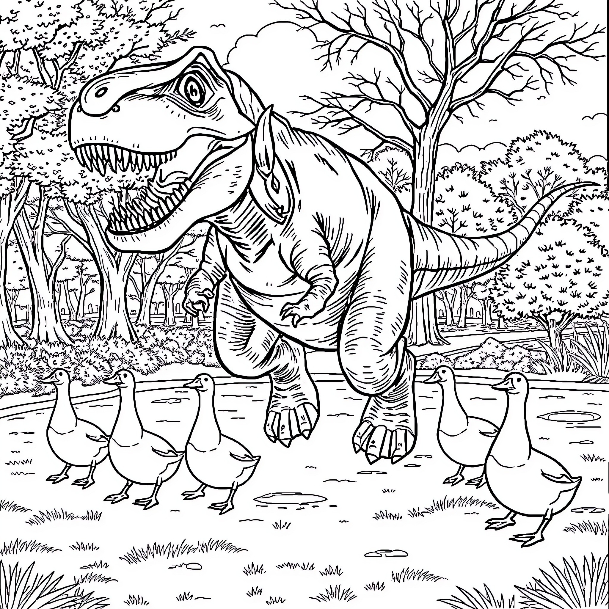 T-Rex Chasing Ducks in Scenic Forest Coloring Page (free black-and-white line drawing printable PDF for all, from beginners to advanced learners, including children, teens, adults, and seniors)