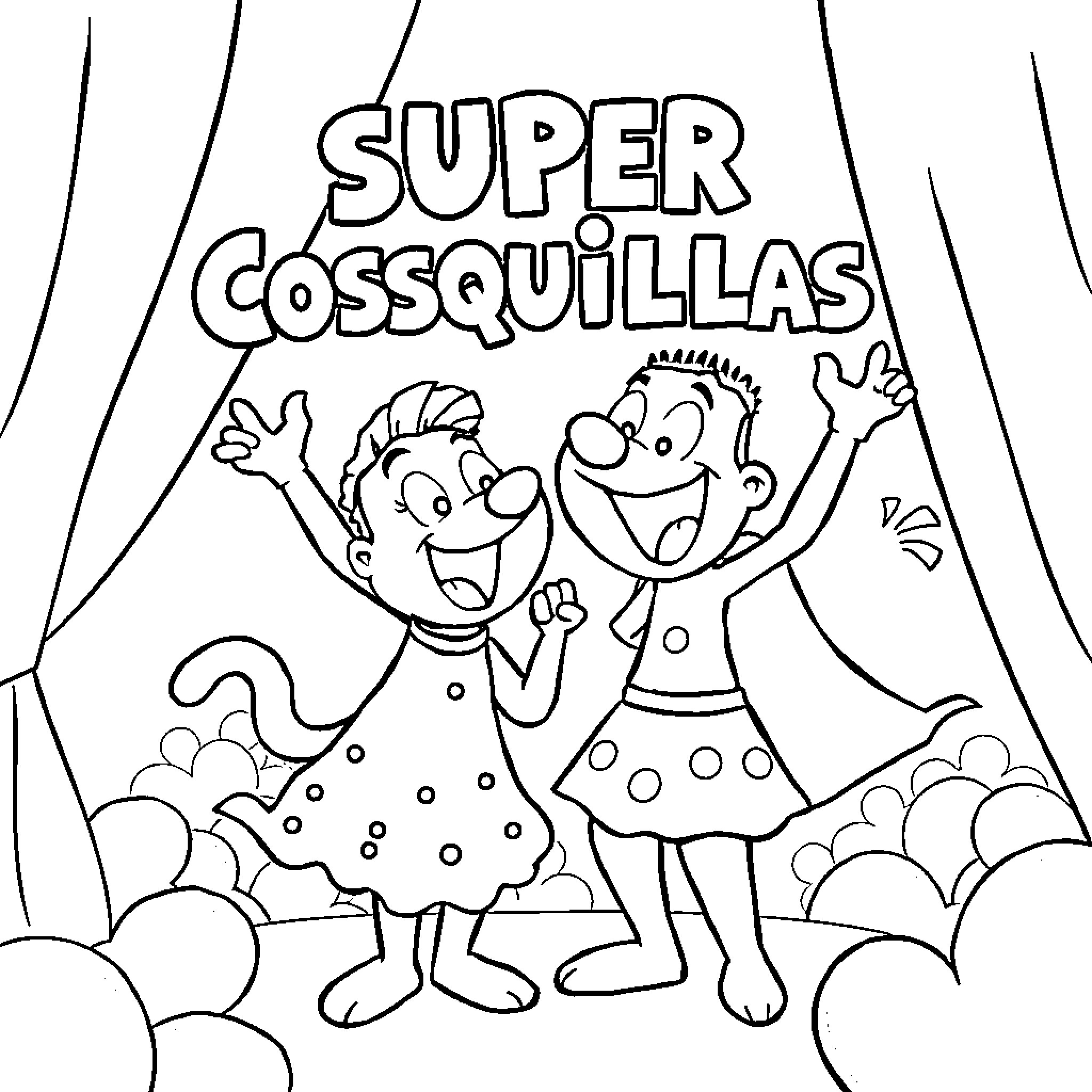 Super Cosquillas: Joyful Characters in Colorful Attire Coloring Page (free black-and-white line drawing printable PDF for all, from beginners to advanced learners, including children, teens, adults, and seniors)