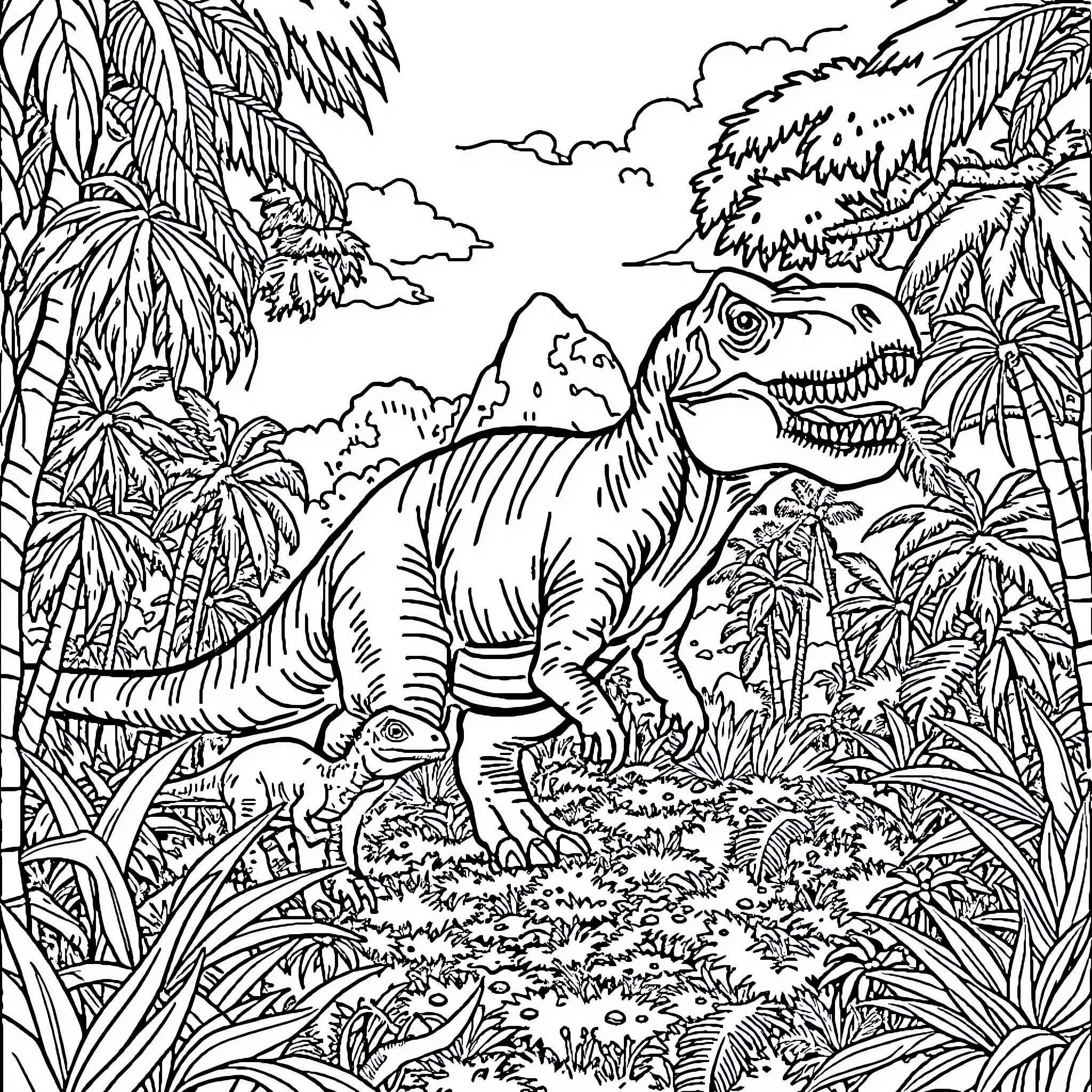 Jurassic Park: Fearsome Dinosaurs Roam the Lush Wilderness Coloring Page (free black-and-white line drawing printable PDF for all, from beginners to advanced learners, including children, teens, adults, and seniors)