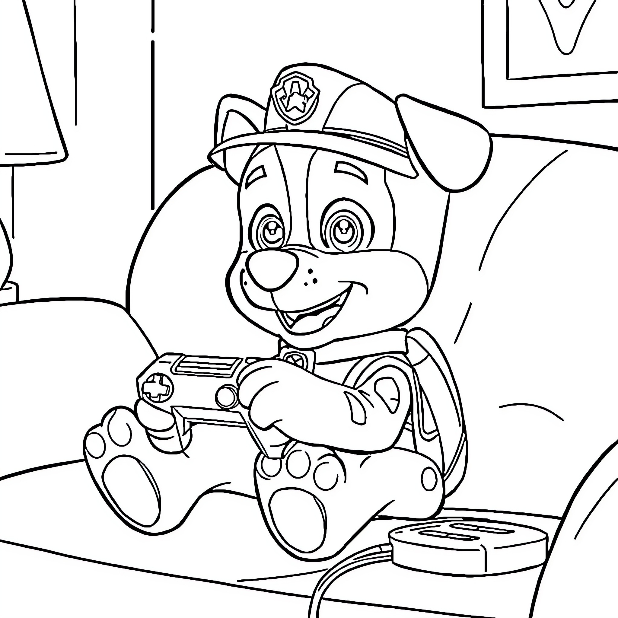 Rubble the puppy playing with toys Coloring Page (free black-and-white line drawing printable PDF for all, from beginners to advanced learners, including children, teens, adults, and seniors)