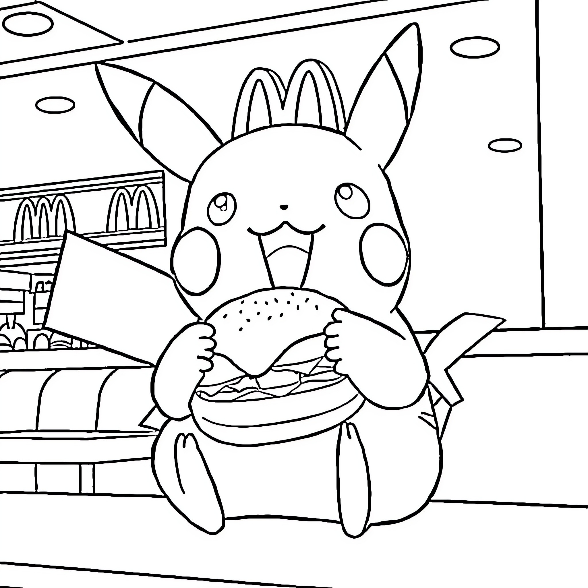 Pikachu enjoying a burger at a fast food restaurant Coloring Page (free black-and-white line drawing printable PDF for all, from beginners to advanced learners, including children, teens, adults, and seniors)