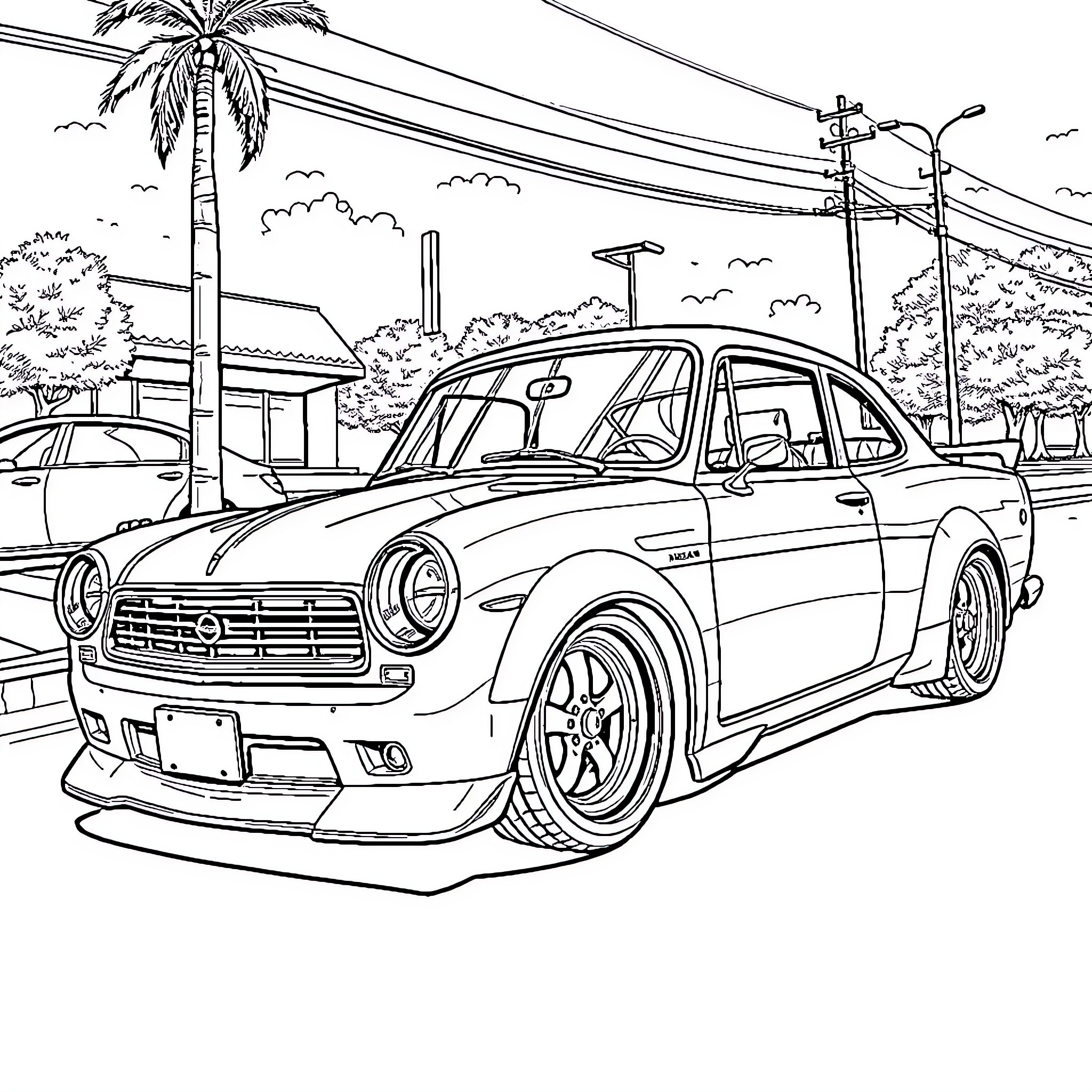 Nissan sports car on a tropical street Coloring Page (free black-and-white line drawing printable PDF for all, from beginners to advanced learners, including children, teens, adults, and seniors)