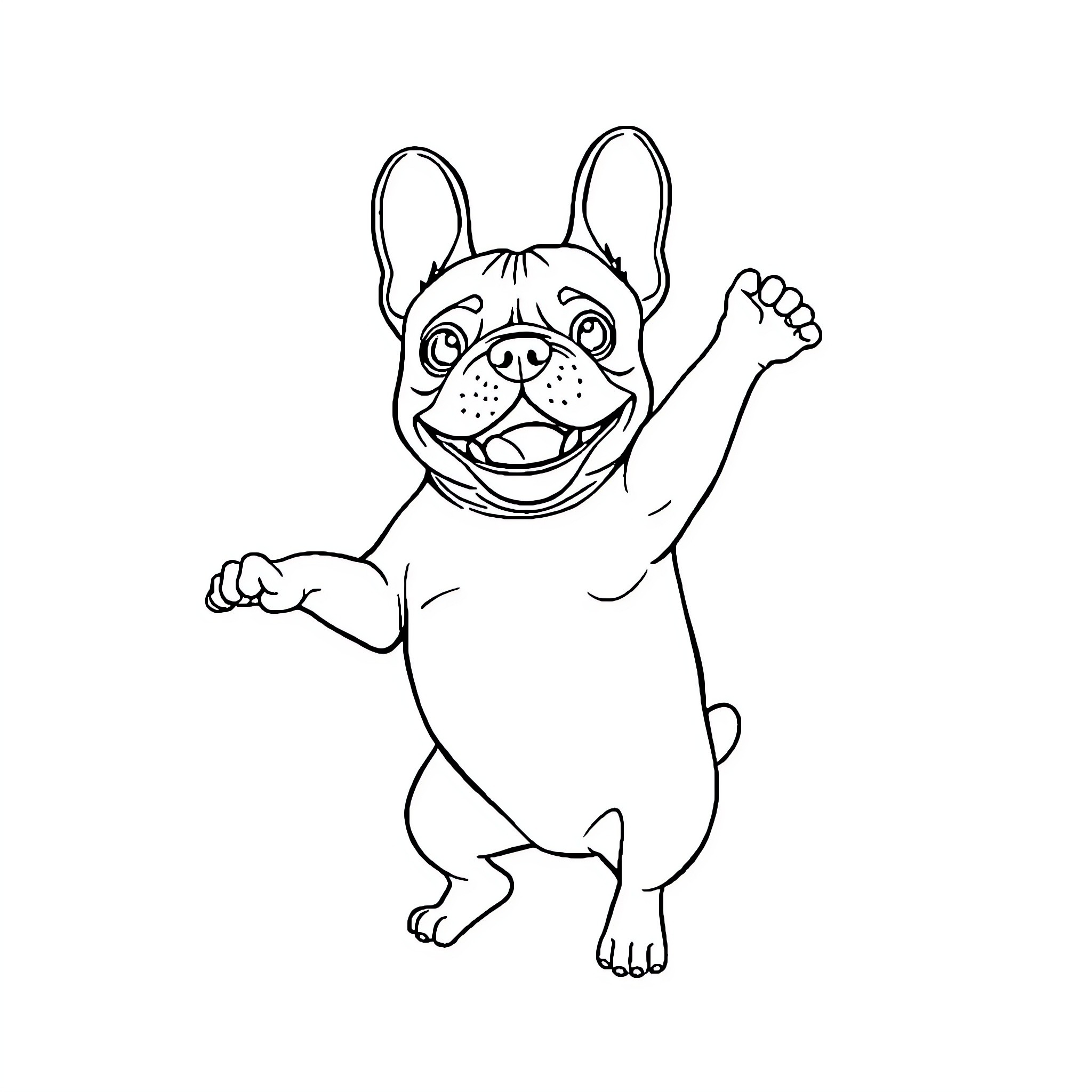 French Bulldog happily waving paws Coloring Page (free black-and-white line drawing printable PDF for all, from beginners to advanced learners, including children, teens, adults, and seniors)