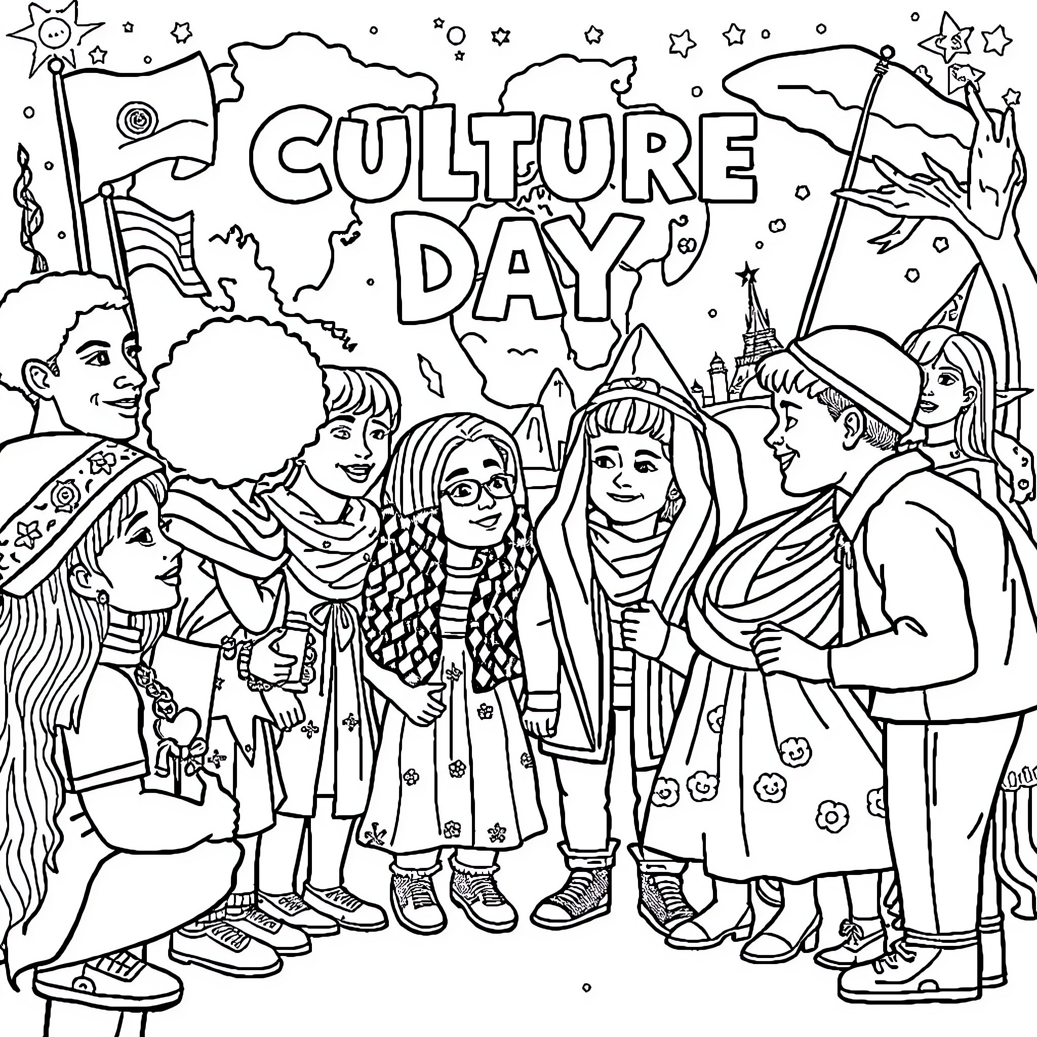 Culture Day with Diverse People and Celebrations Coloring Page (free black-and-white line drawing printable PDF for all, from beginners to advanced learners, including children, teens, adults, and seniors)