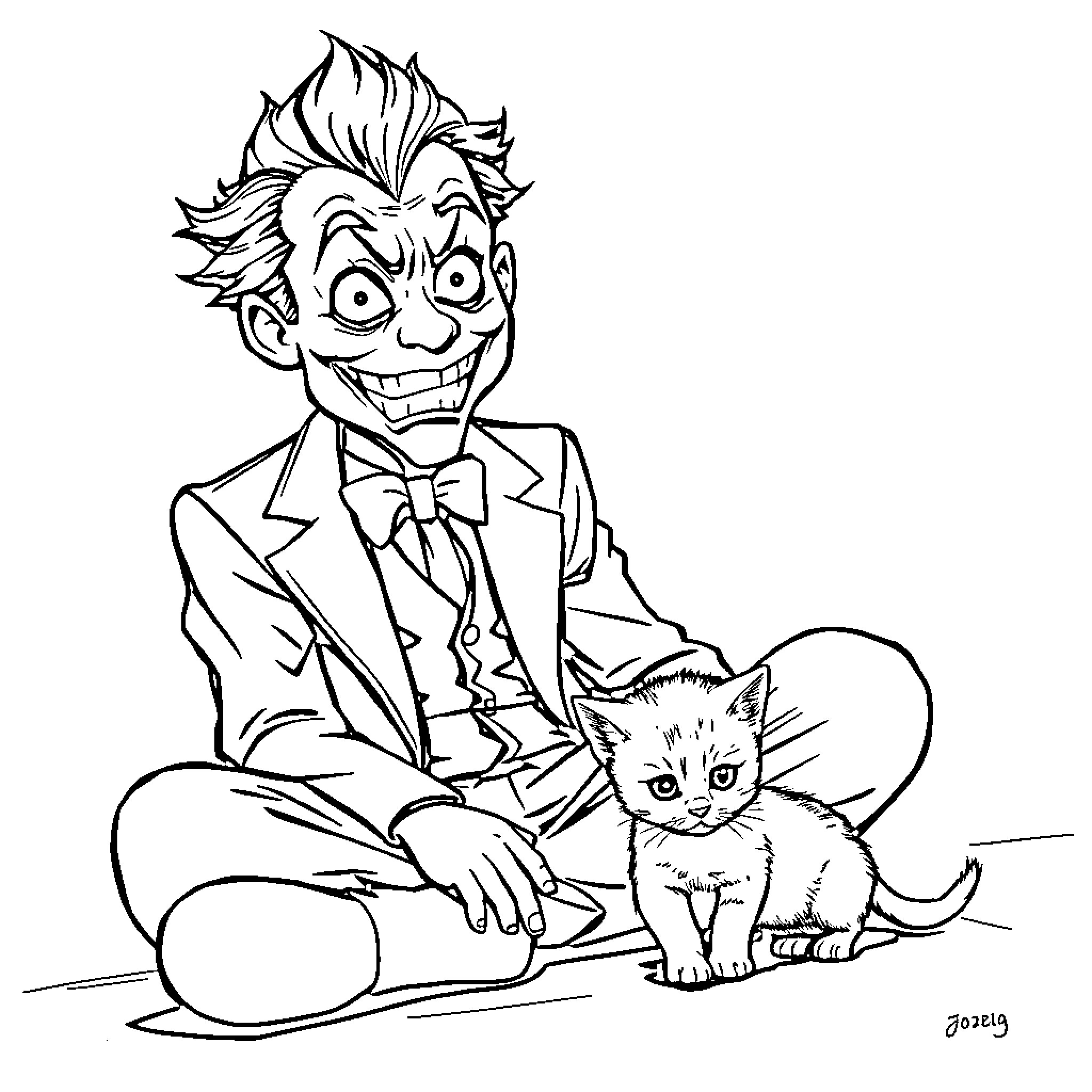 Joker's Playful Encounter with a Feline Friend Coloring Page (free black-and-white line drawing printable PDF for all, from beginners to advanced learners, including children, teens, adults, and seniors)