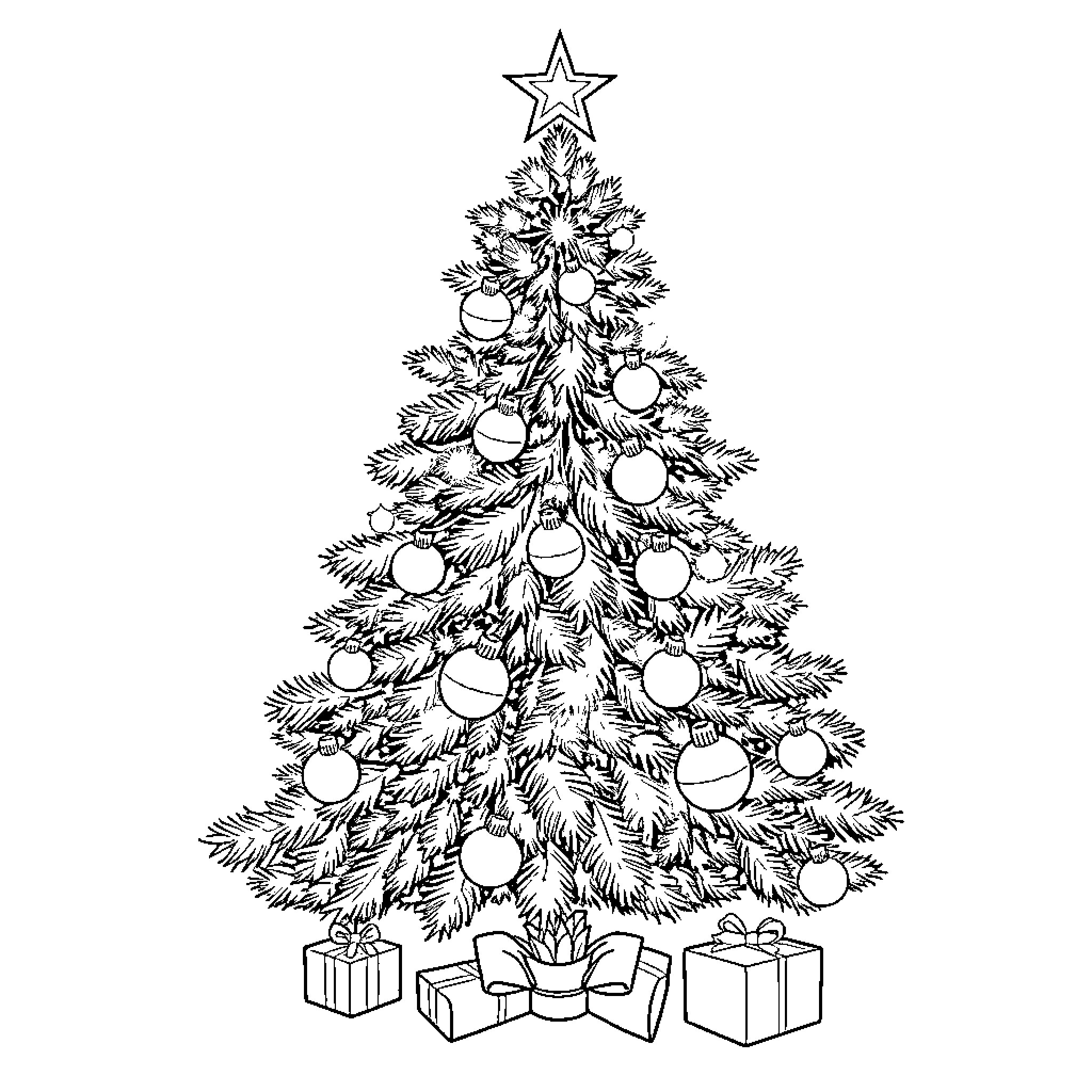 Christmas Tree with Ornaments and Gifts Coloring Page (free black-and-white line drawing printable PDF for all, from beginners to advanced learners, including children, teens, adults, and seniors)