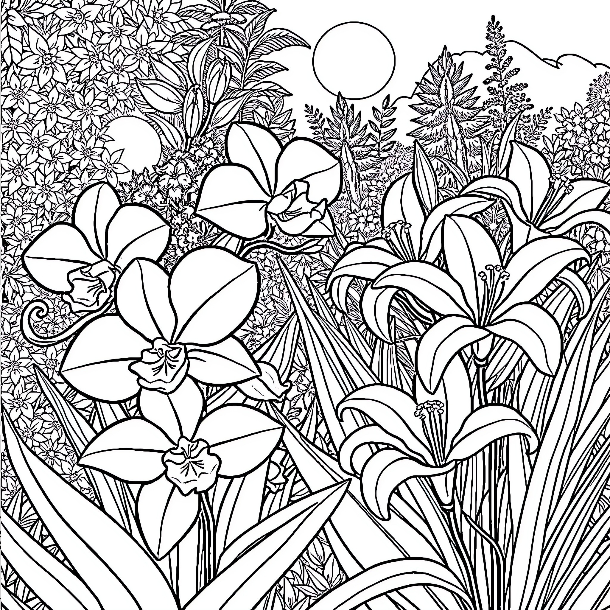 Flower Garden with Blooming Flowers and Plants Coloring Page (free black-and-white line drawing printable PDF for all, from beginners to advanced learners, including children, teens, adults, and seniors)