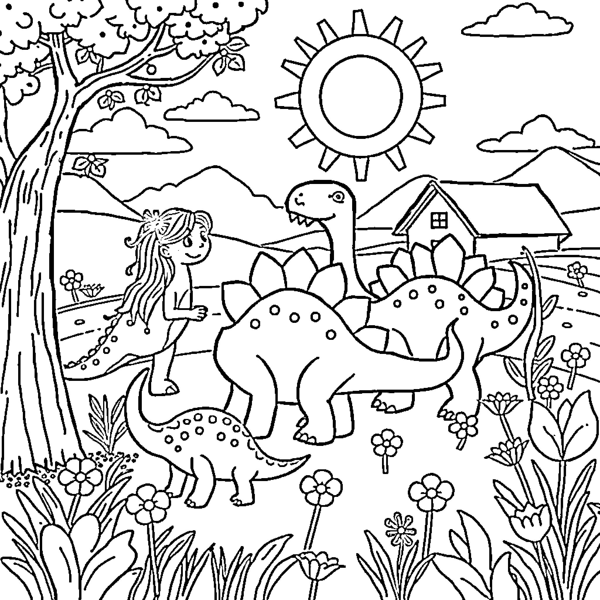 Dinosaur playing with girl in a scenic landscape Coloring Page (free black-and-white line drawing printable PDF for all, from beginners to advanced learners, including children, teens, adults, and seniors)