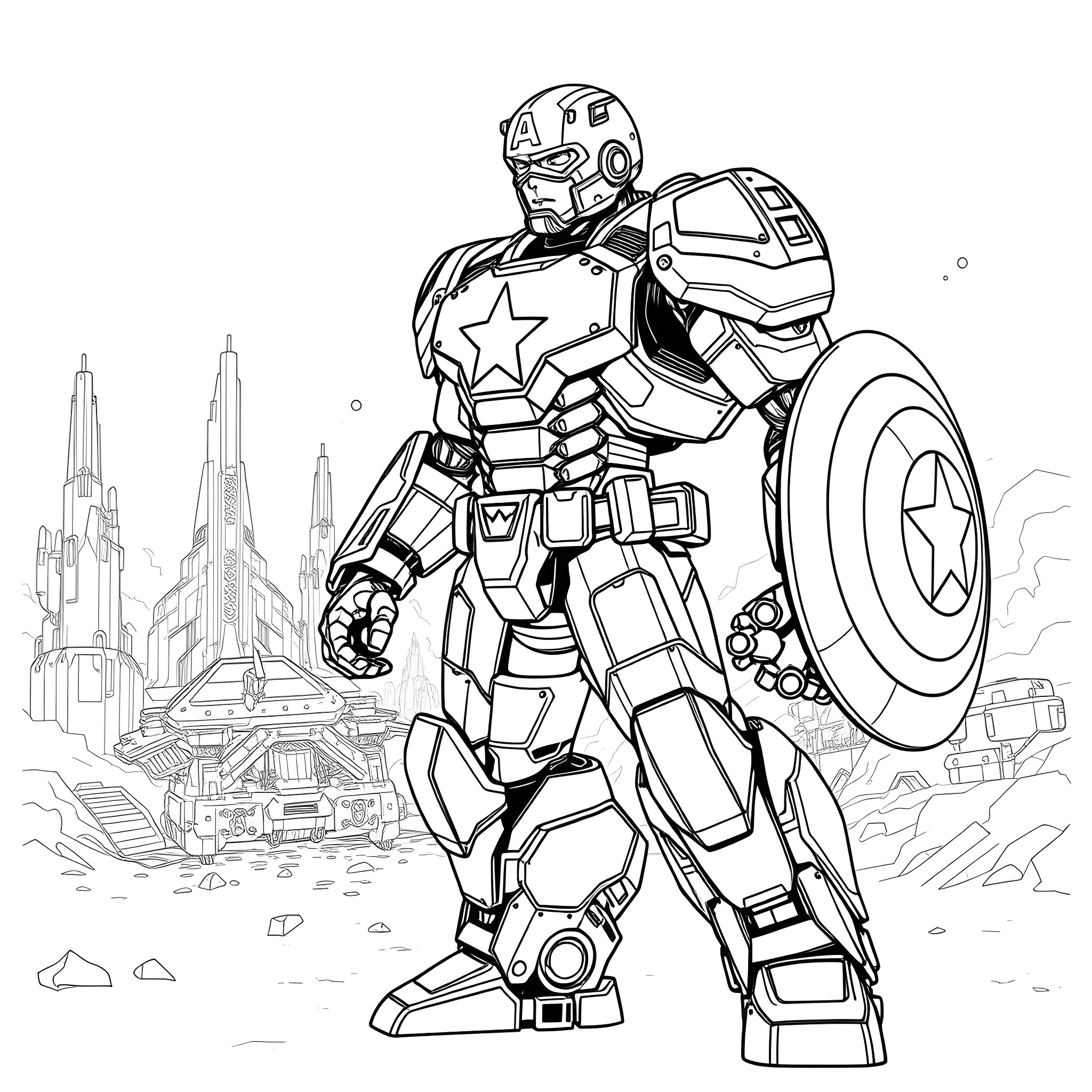 Mecha Captain America Heroically Stands Amidst Futuristic Cityscape Coloring Page (free black-and-white line drawing printable PDF for all, from beginners to advanced learners, including children, teens, adults, and seniors)