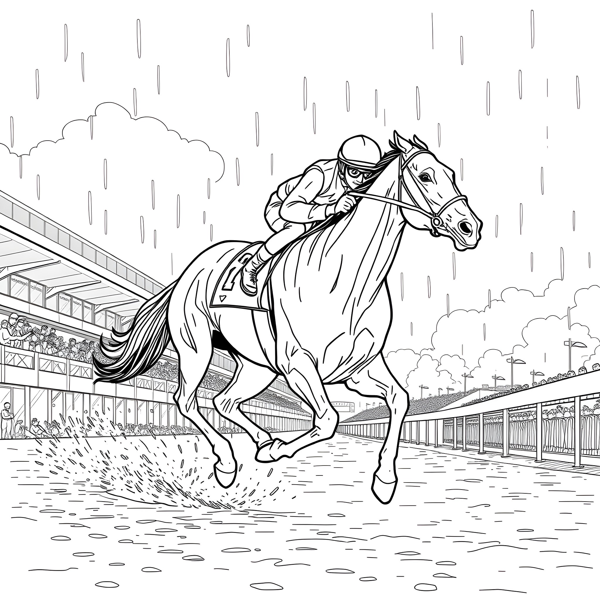 Racehorse speeding through the rain Coloring Page (free black-and-white line drawing printable PDF for all, from beginners to advanced learners, including children, teens, adults, and seniors)