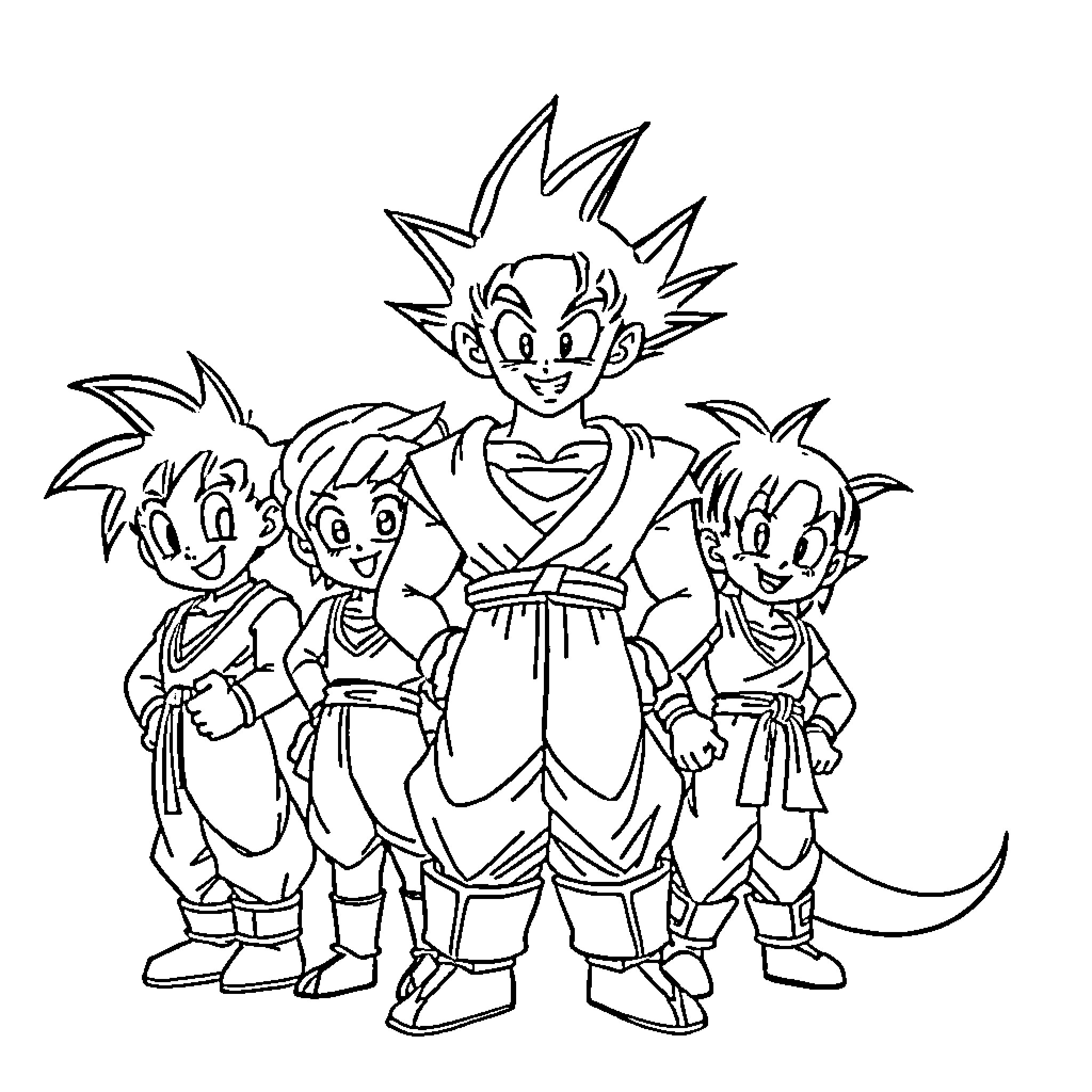 DBZ Character Fighters in Heroic Poses Coloring Page (free black-and-white line drawing printable PDF for all, from beginners to advanced learners, including children, teens, adults, and seniors)