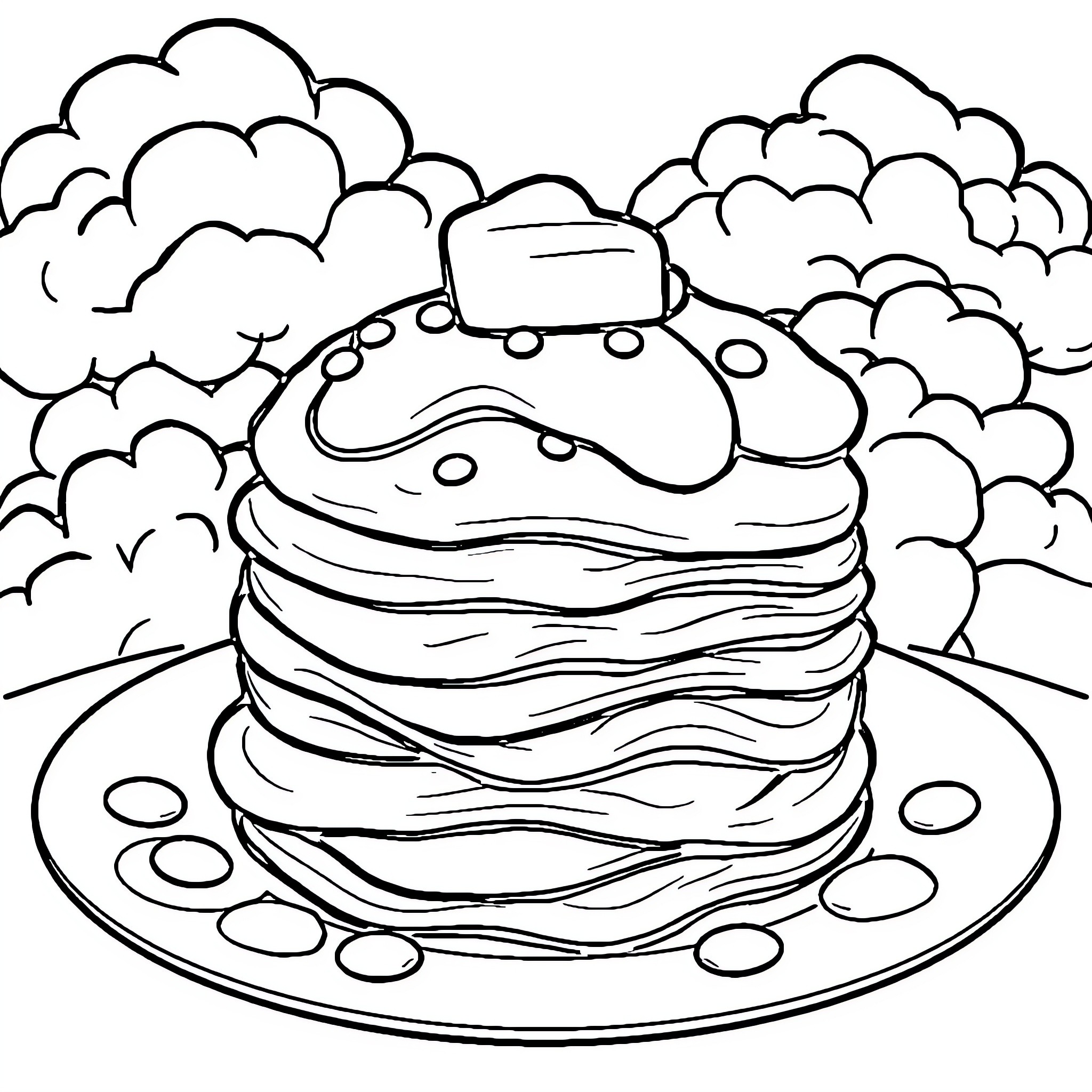 Pancake stack on a cloudy day Coloring Page (free black-and-white line drawing printable PDF for all, from beginners to advanced learners, including children, teens, adults, and seniors)