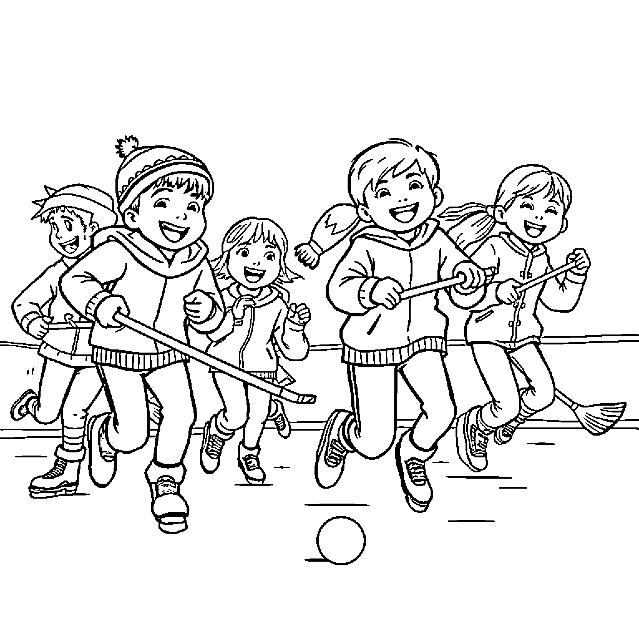 Students playing hockey together joyfully Coloring Page (free black-and-white line drawing printable PDF for all, from beginners to advanced learners, including children, teens, adults, and seniors)