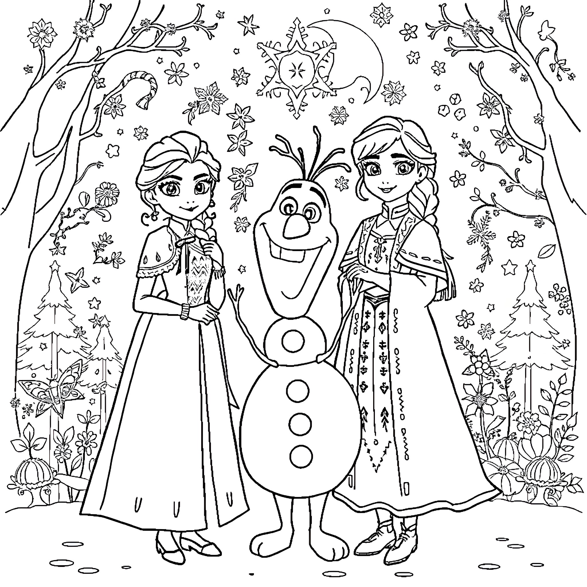 Elsa, Anna, and Olaf in a Winter Wonderland Coloring Page (free black-and-white line drawing printable PDF for all, from beginners to advanced learners, including children, teens, adults, and seniors)