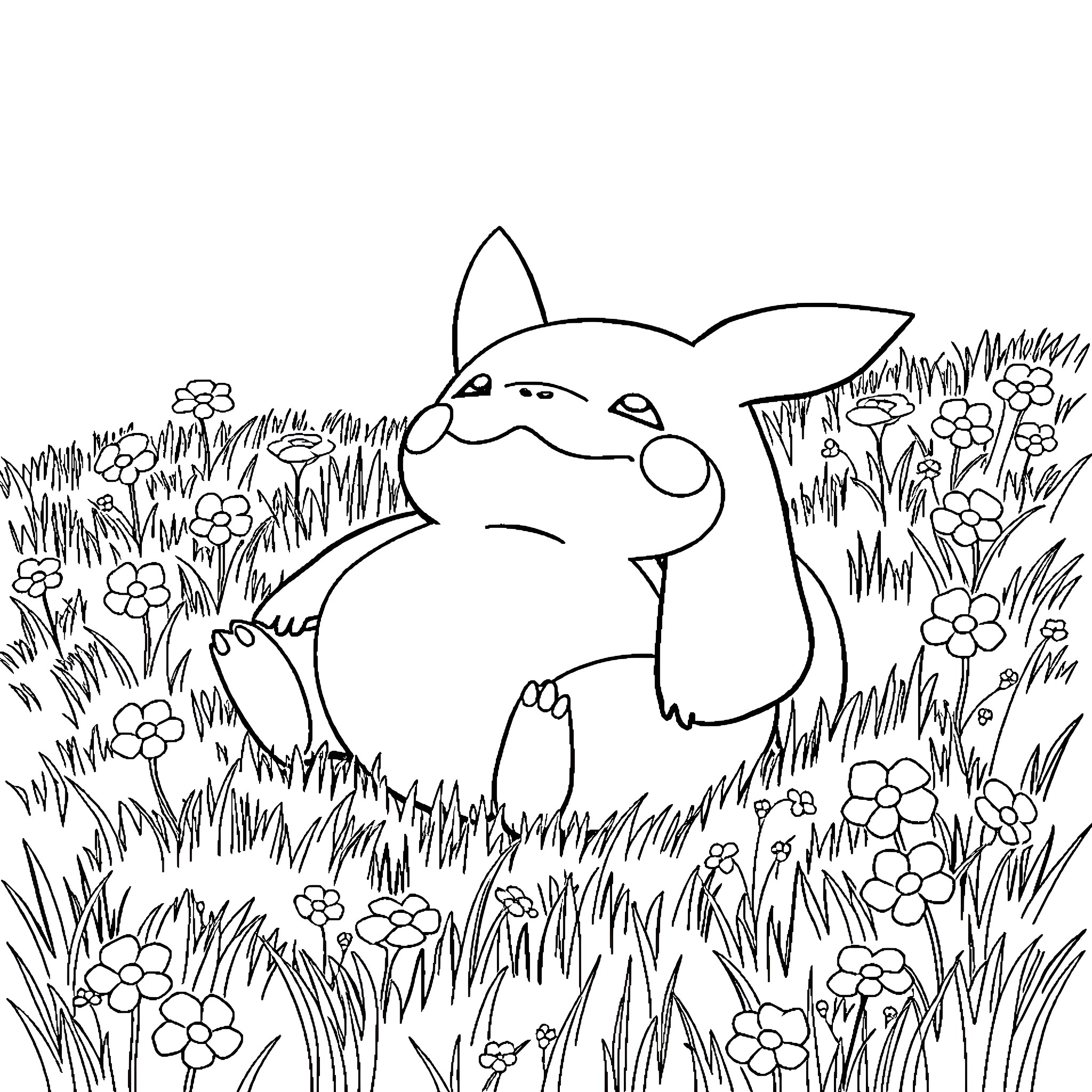 Snorlax resting peacefully in a floral meadow Coloring Page (free black-and-white line drawing printable PDF for all, from beginners to advanced learners, including children, teens, adults, and seniors)