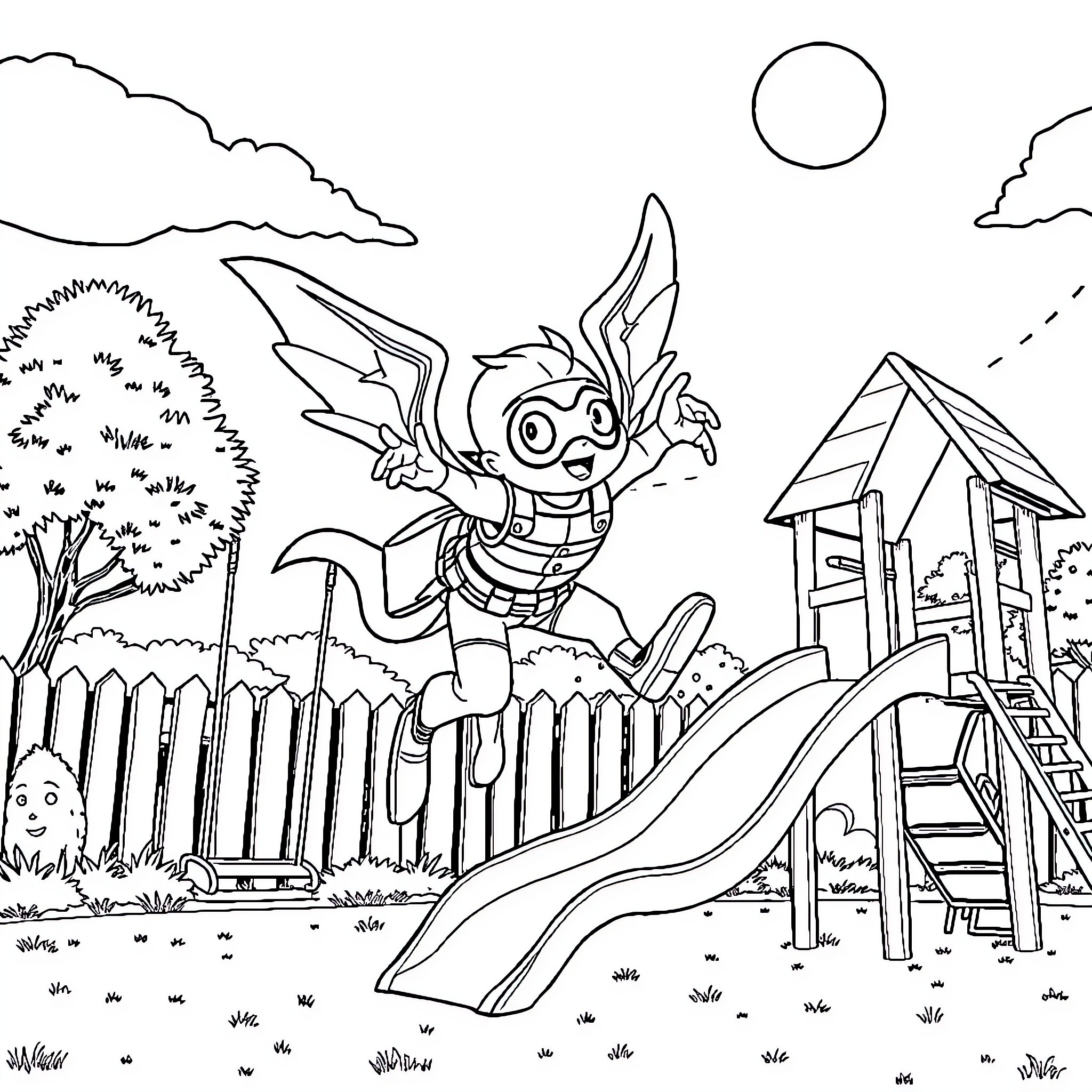 Helldiver enjoying a day on the playground Coloring Page (free black-and-white line drawing printable PDF for all, from beginners to advanced learners, including children, teens, adults, and seniors)