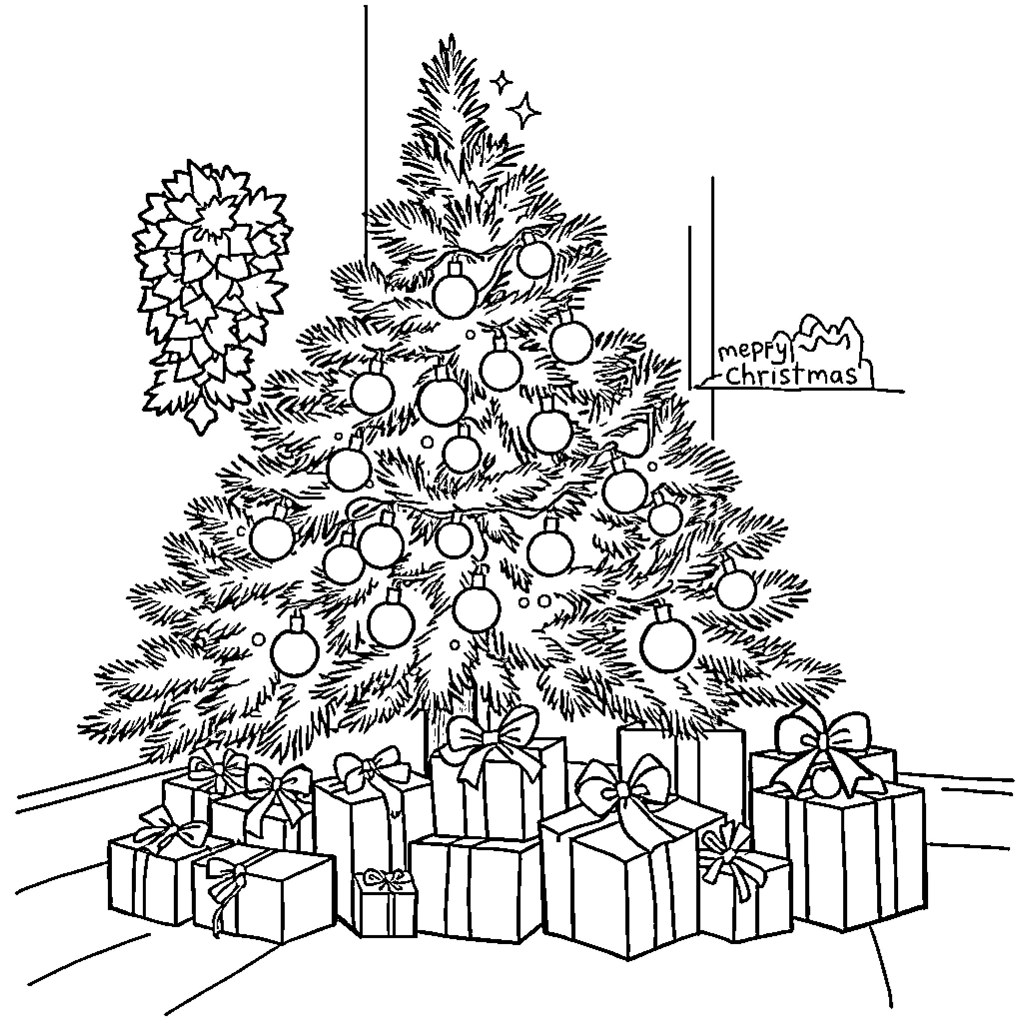 Christmas Tree with Presents Beneath Coloring Page (free black-and-white line drawing printable PDF for all, from beginners to advanced learners, including children, teens, adults, and seniors)