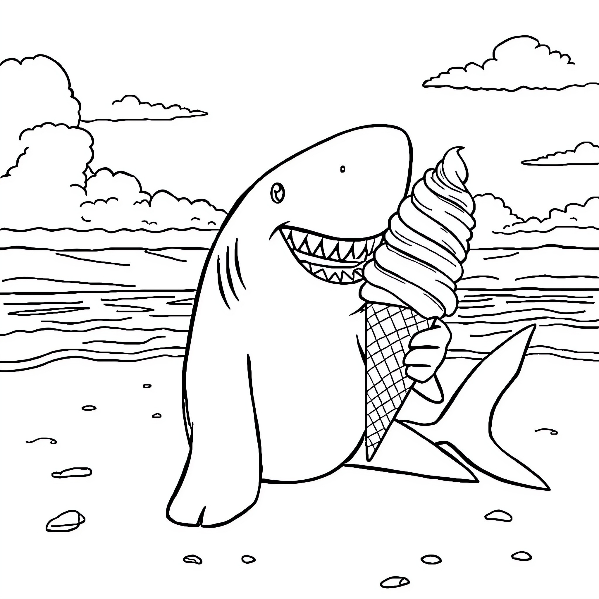 Shark enjoying an ice cream by the beach Coloring Page (free black-and-white line drawing printable PDF for all, from beginners to advanced learners, including children, teens, adults, and seniors)