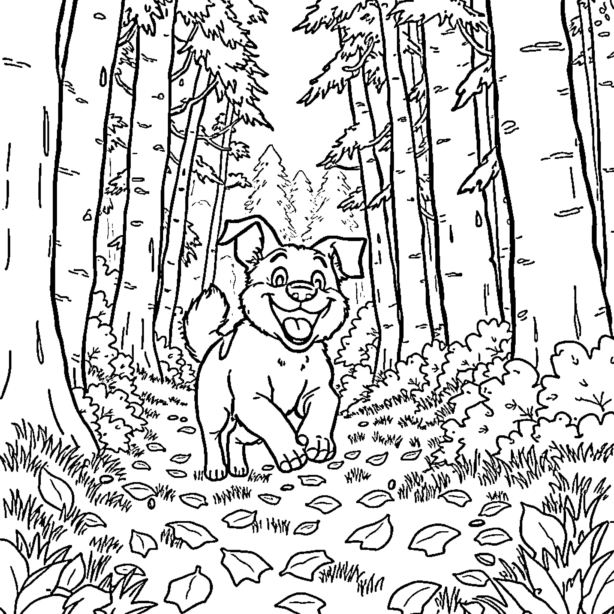 Dog exploring the enchanting forest Coloring Page (free black-and-white line drawing printable PDF for all, from beginners to advanced learners, including children, teens, adults, and seniors)